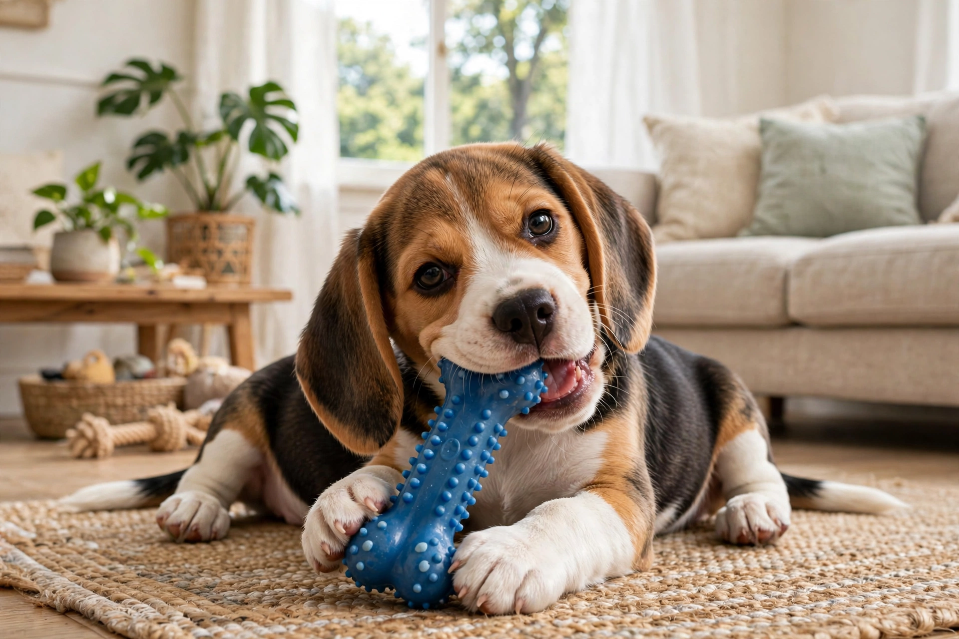 Puppy happily chewing a rubber chew toy instead of nipping hands