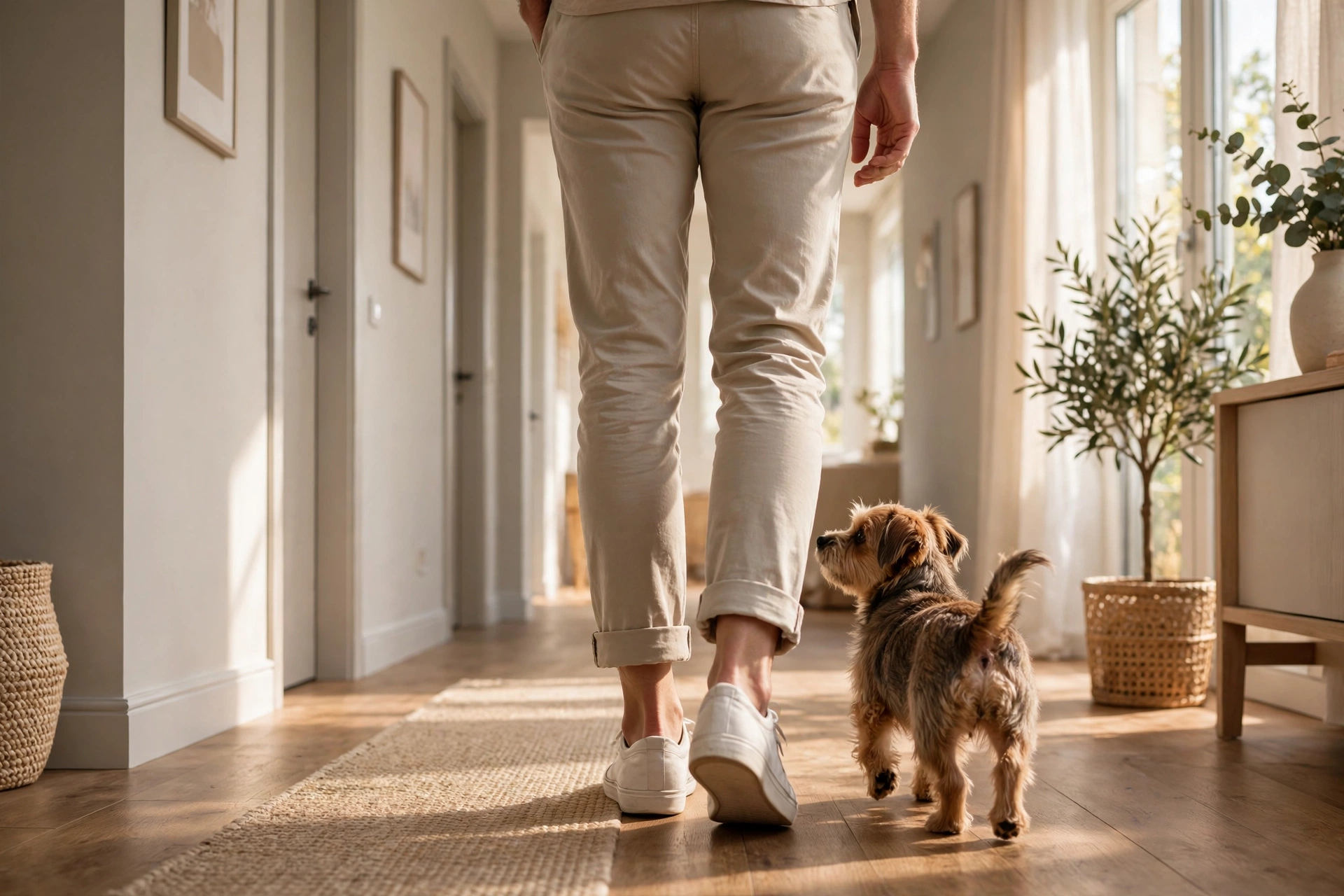 Small dog following its owner closely down a bright hallway at home