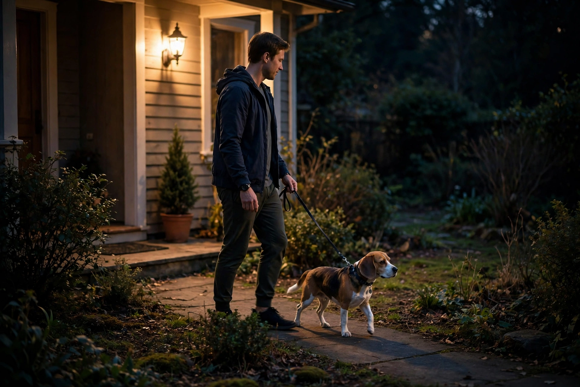 Owner taking a beagle outside for a late-night potty break under porch light