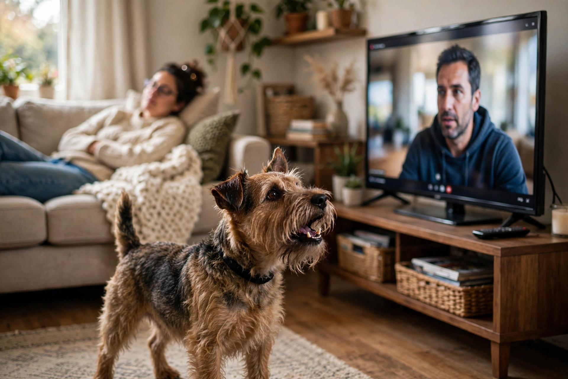 Terrier barking protectively at the TV