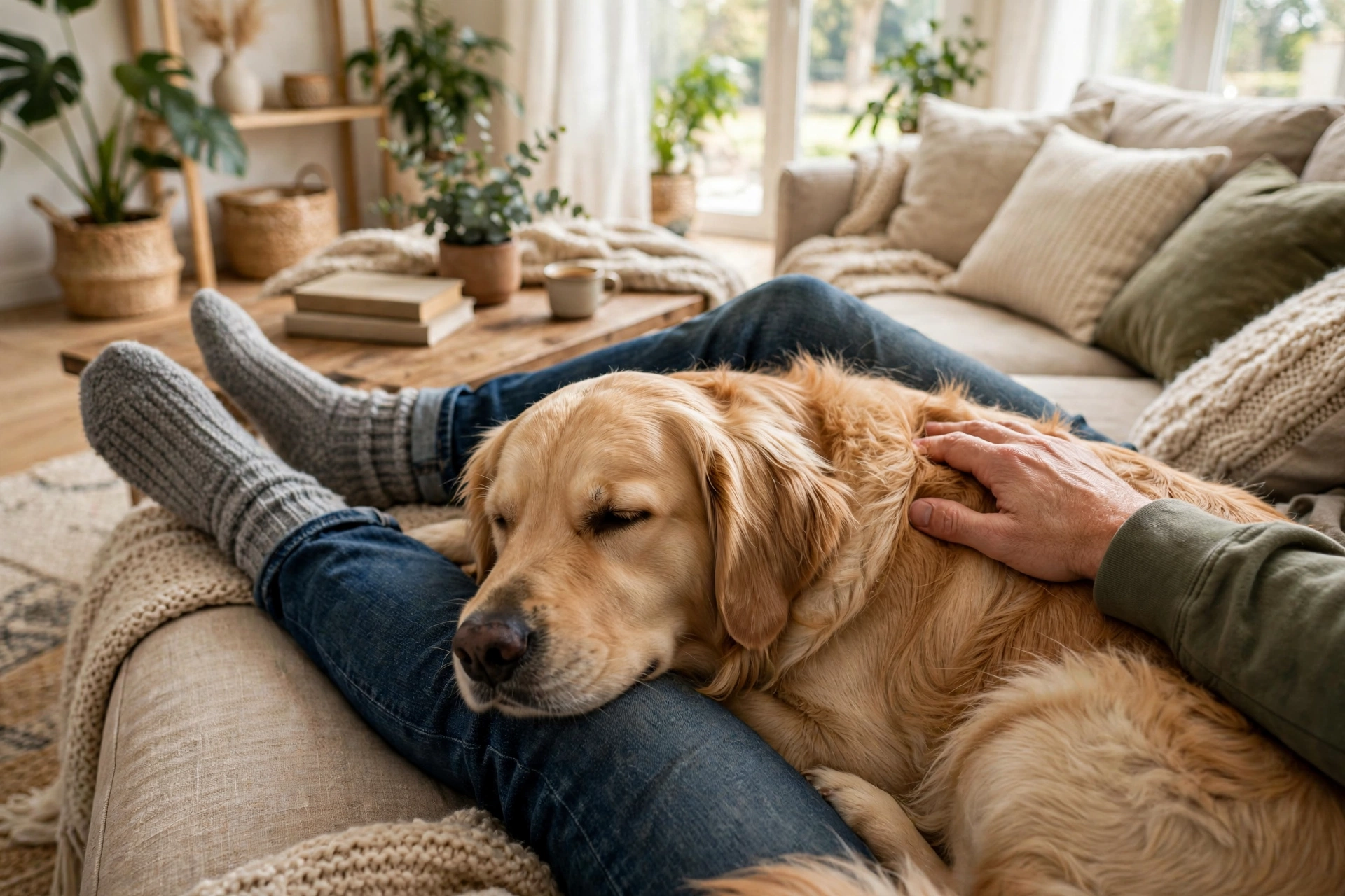 Golden retriever lying between its owner's legs on a couch showing affection