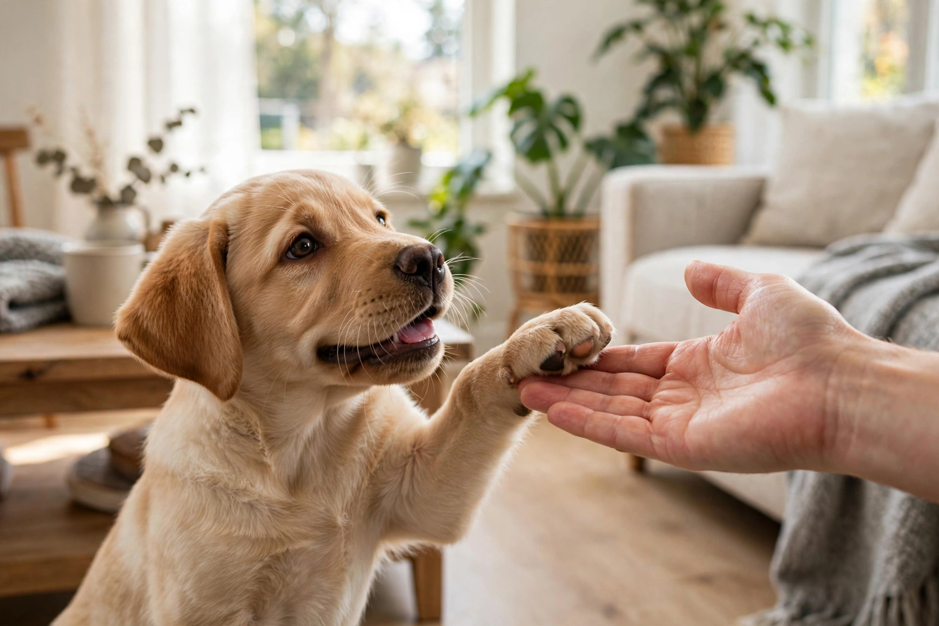 Labrador puppy touching paw to owner's open palm during high five practice
