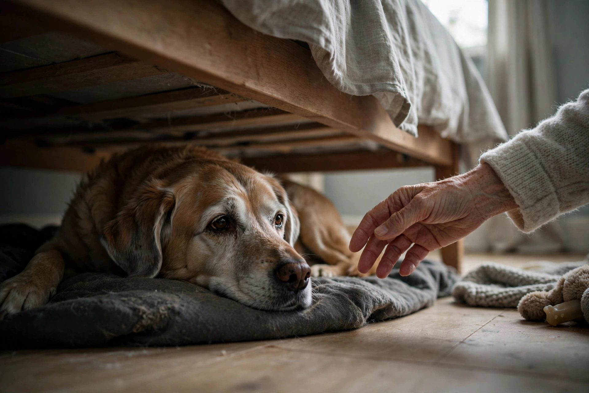 Senior dog resting under a bed with a concerned owner