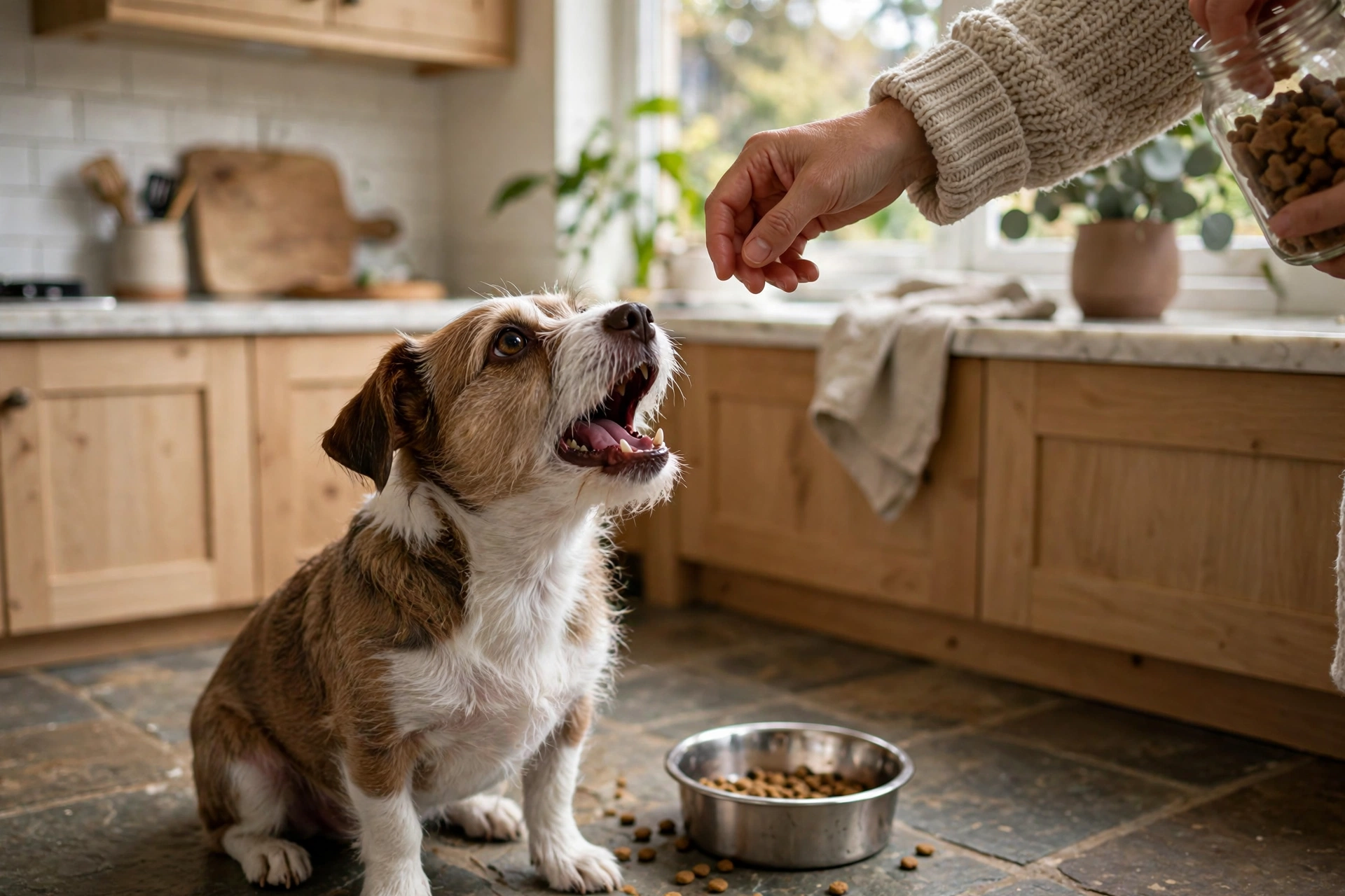 Dog whining and mumbling by its food bowl asking for treats