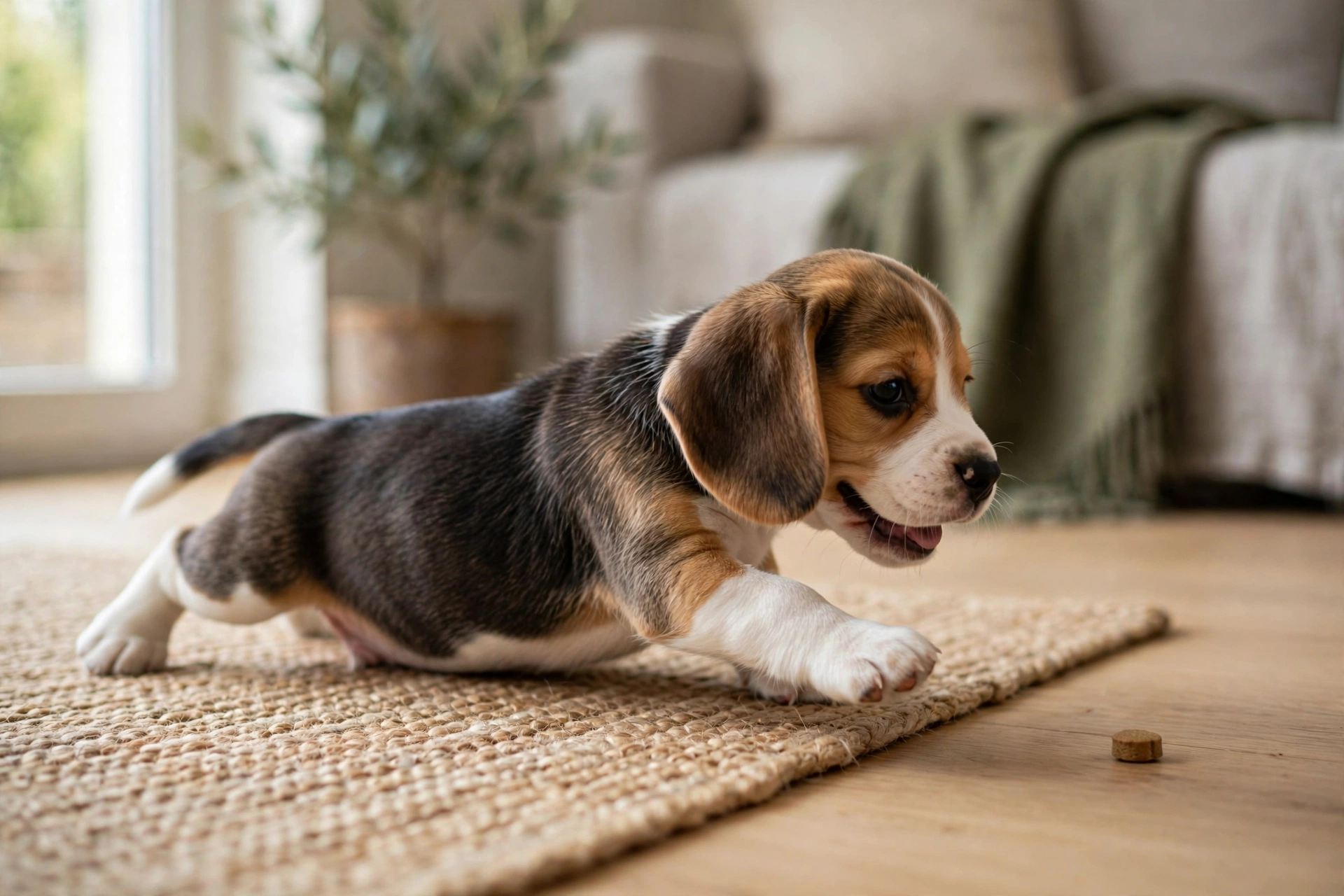 Dog taking its first small crawling steps toward a treat