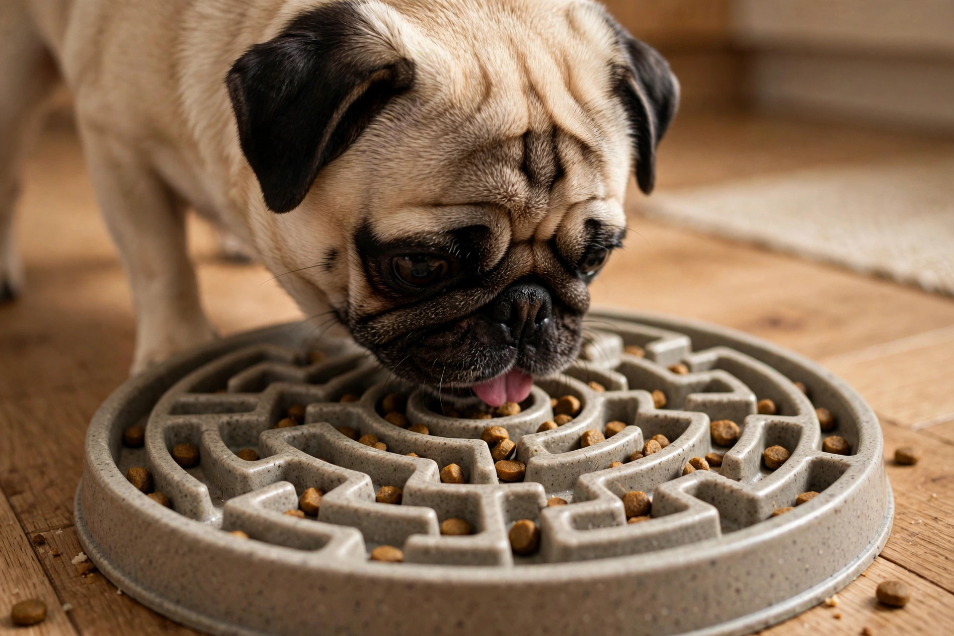 Pug eating kibble from a maze-pattern slow feeder bowl on a kitchen floor