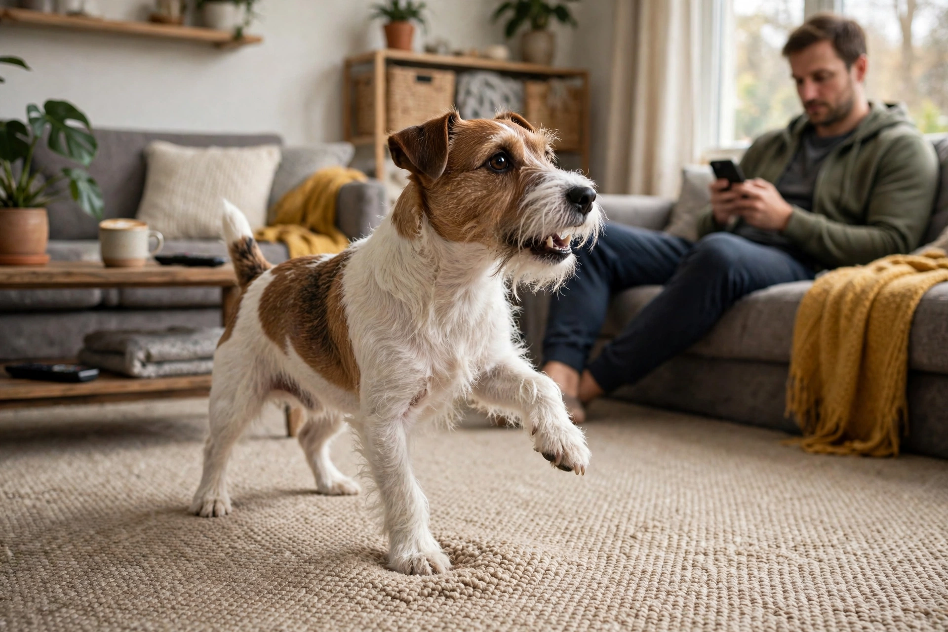 Terrier stomping paw on carpet to get owner's attention
