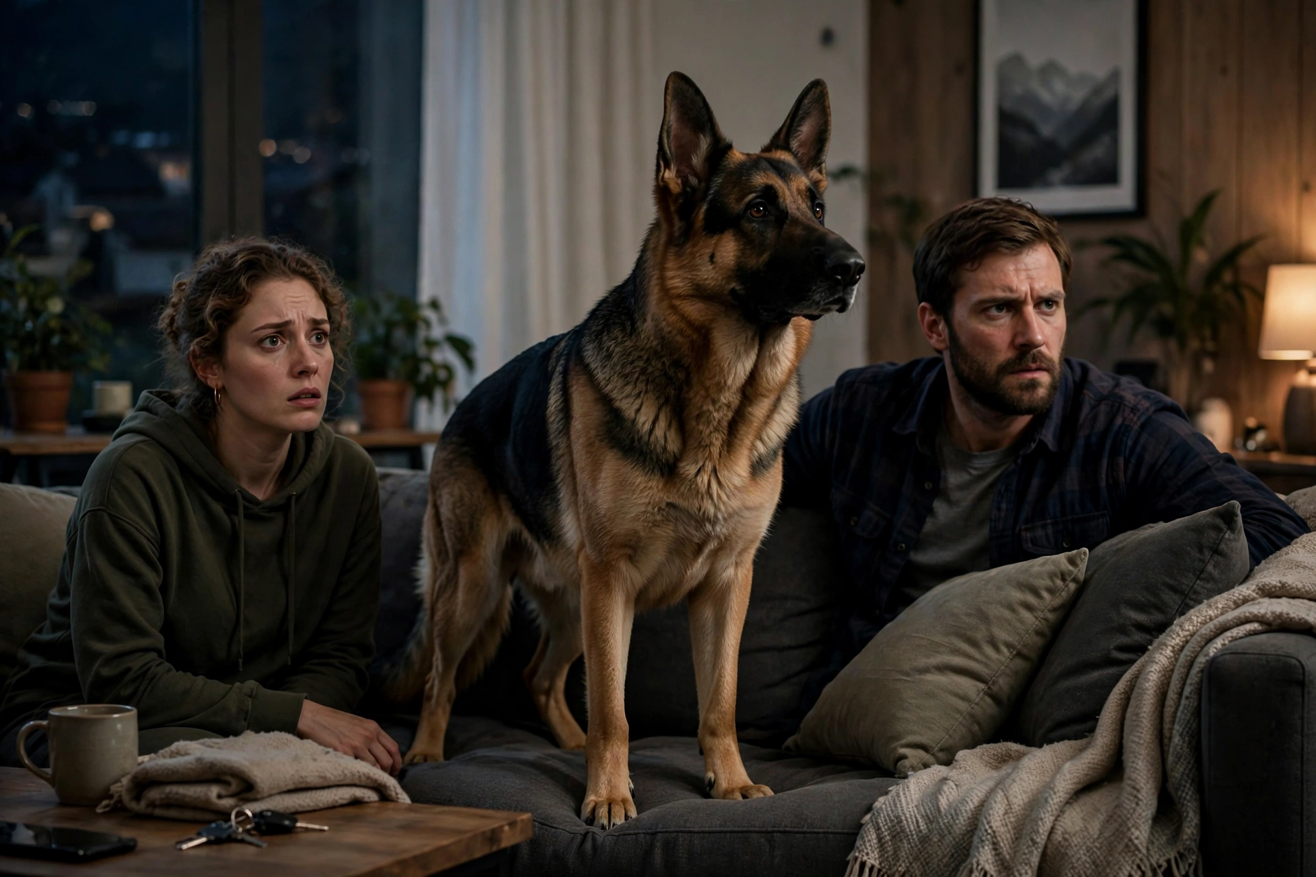 Dog standing protectively between a woman and her husband