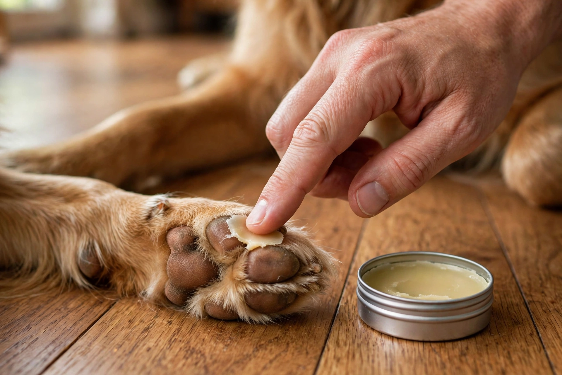 Owner applying natural paw balm wax to a dog's paw pads on a hardwood floor