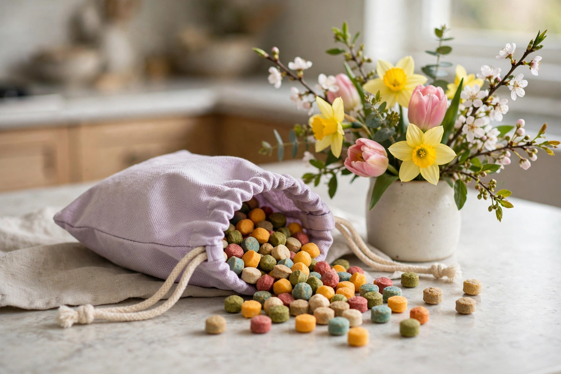 Pastel dog treat pouch with training treats on a kitchen counter