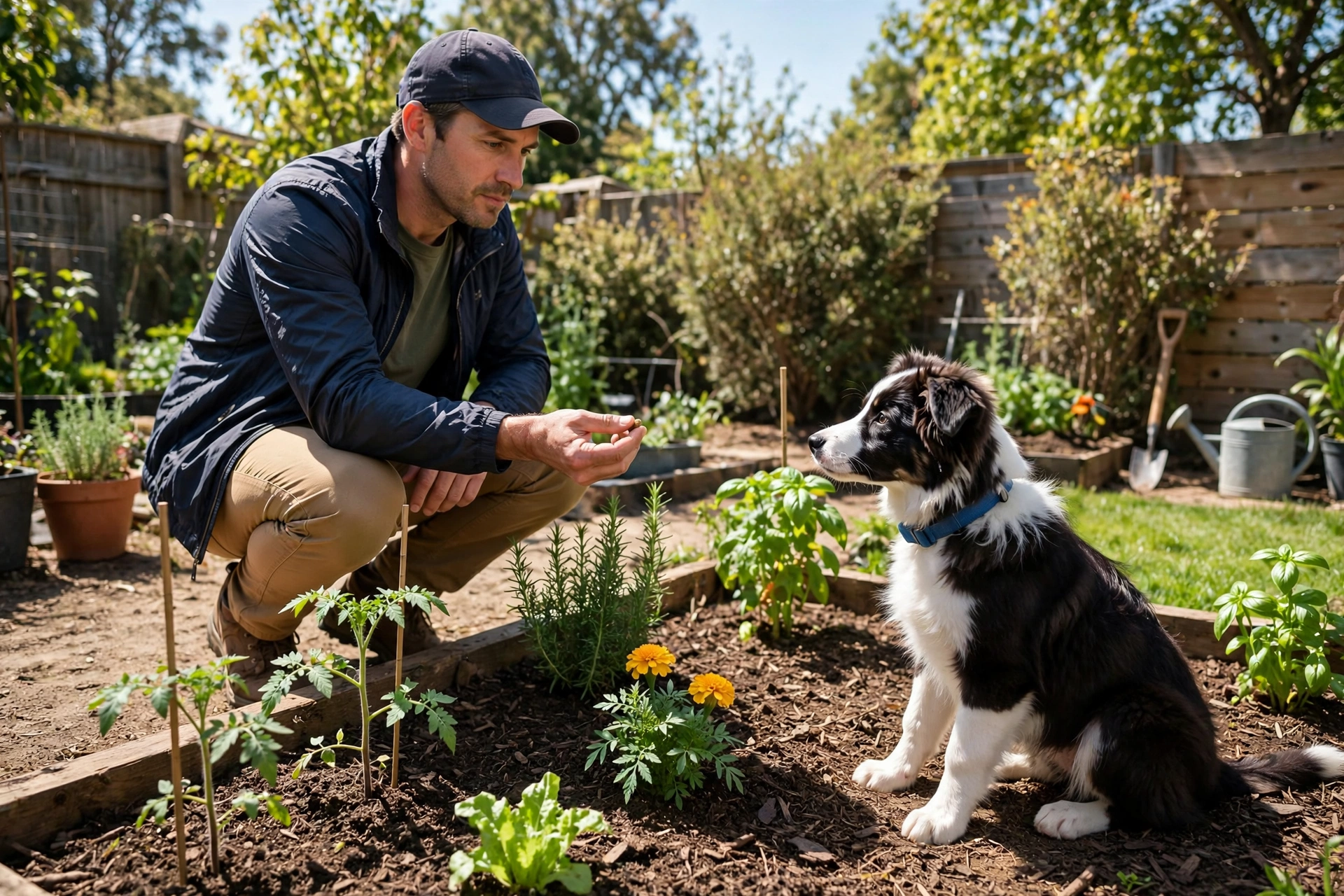 Owner training a dog with leave it command near garden mulch