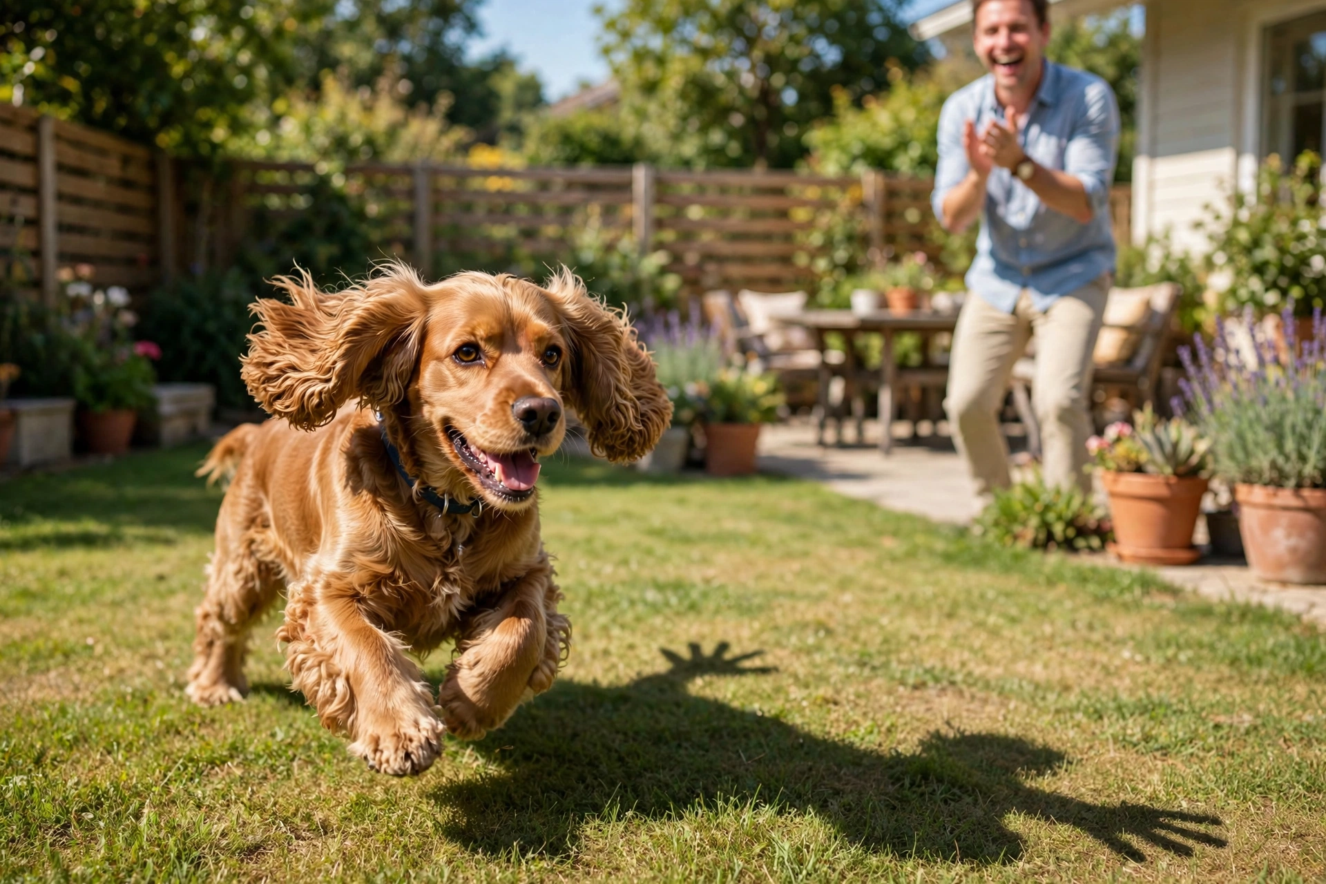 Dog chasing a shadow while its owner laughs in the background