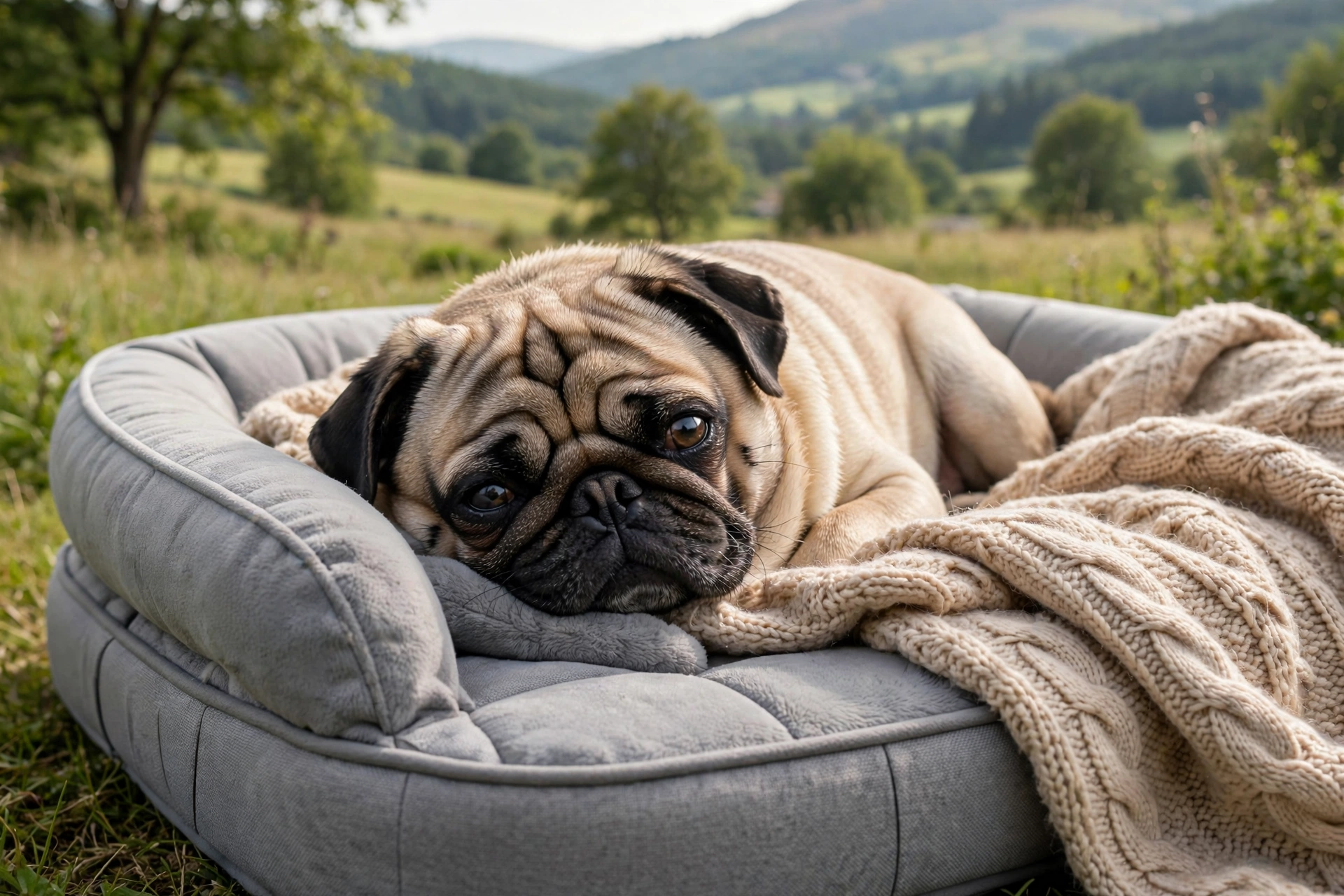 Pug with prominent bulging eyes sleeping on orthopedic dog bed with eyes partially open