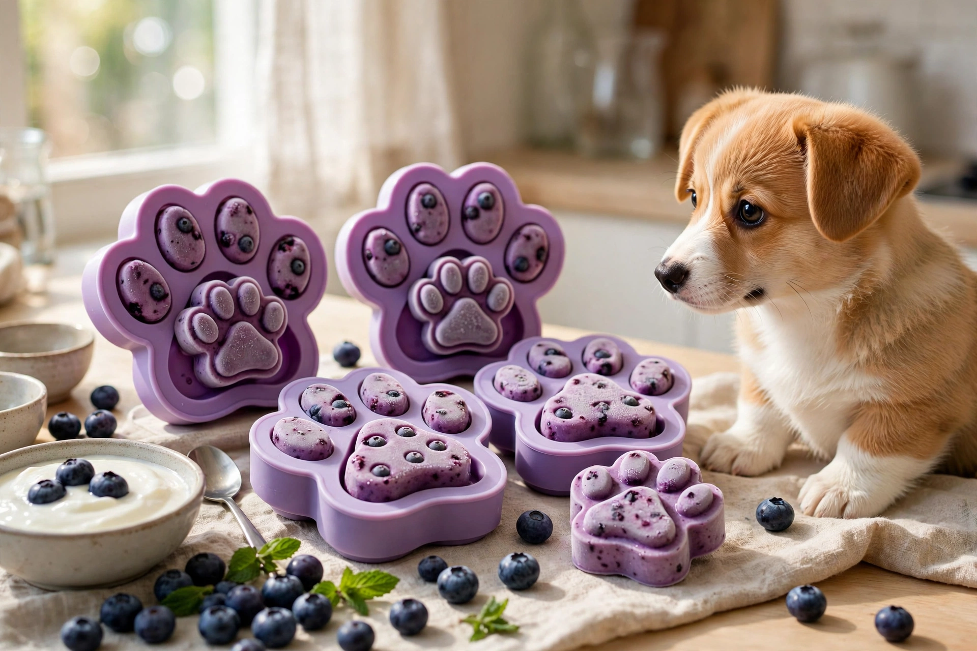 Blueberry yogurt dog freeze pops in paw-shaped silicone molds