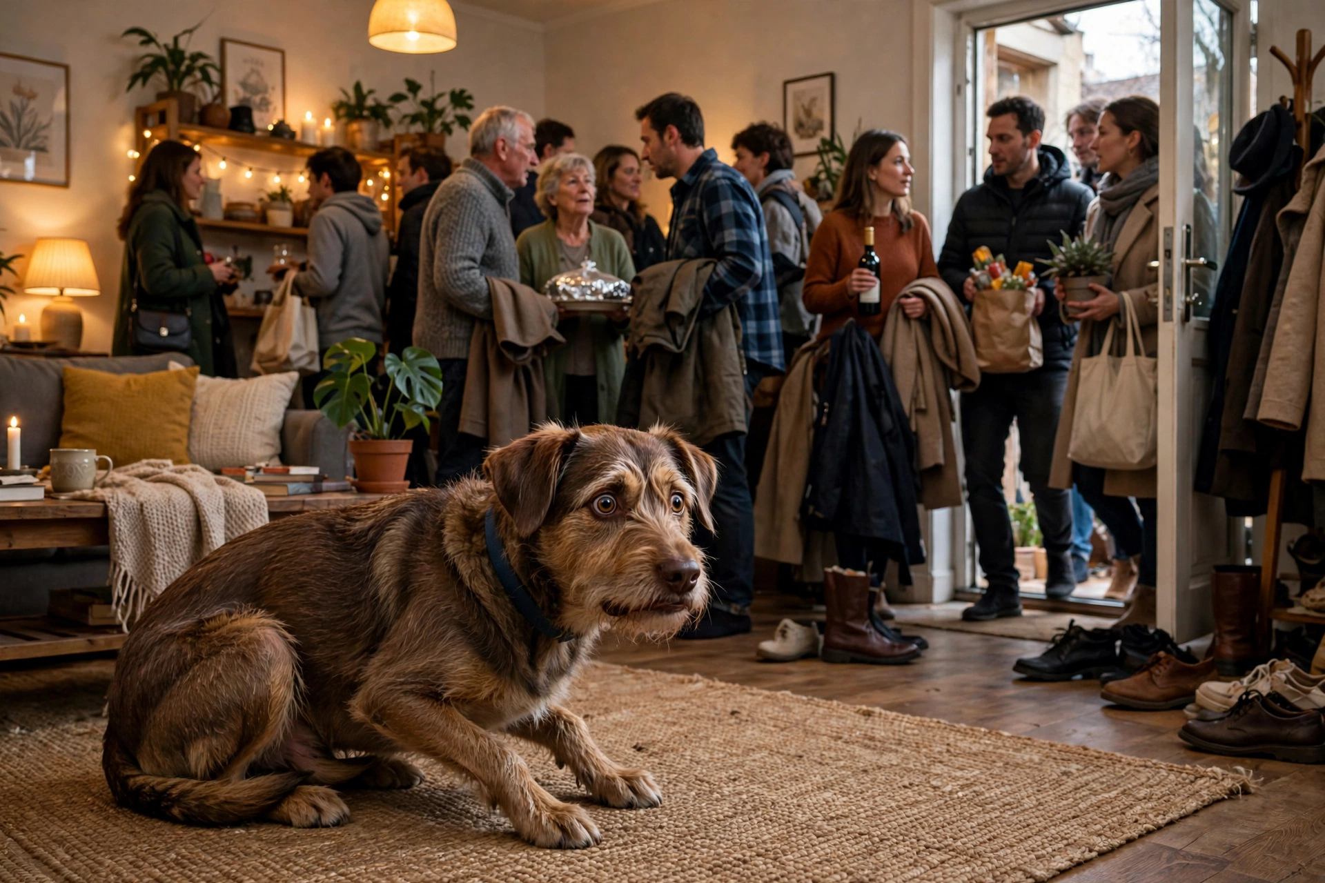 Nervous dog showing anxiety signs in a busy room with visitors