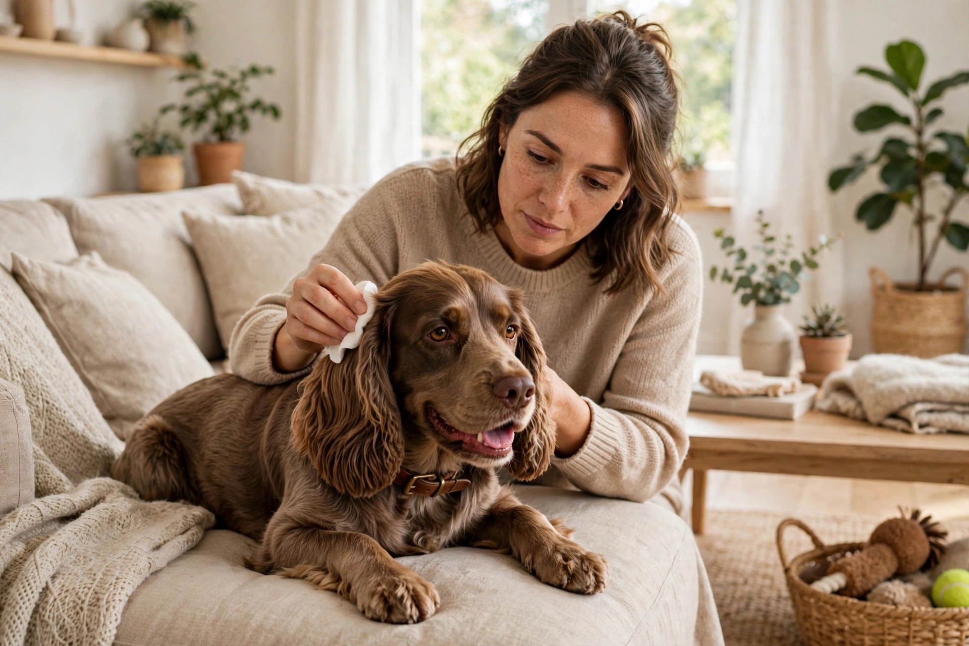 Owner gently cleaning a dog's floppy ear with a cotton pad