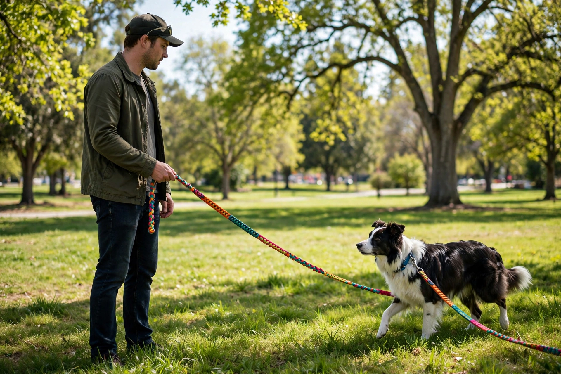 Owner supervising a dog on a long training leash in a park