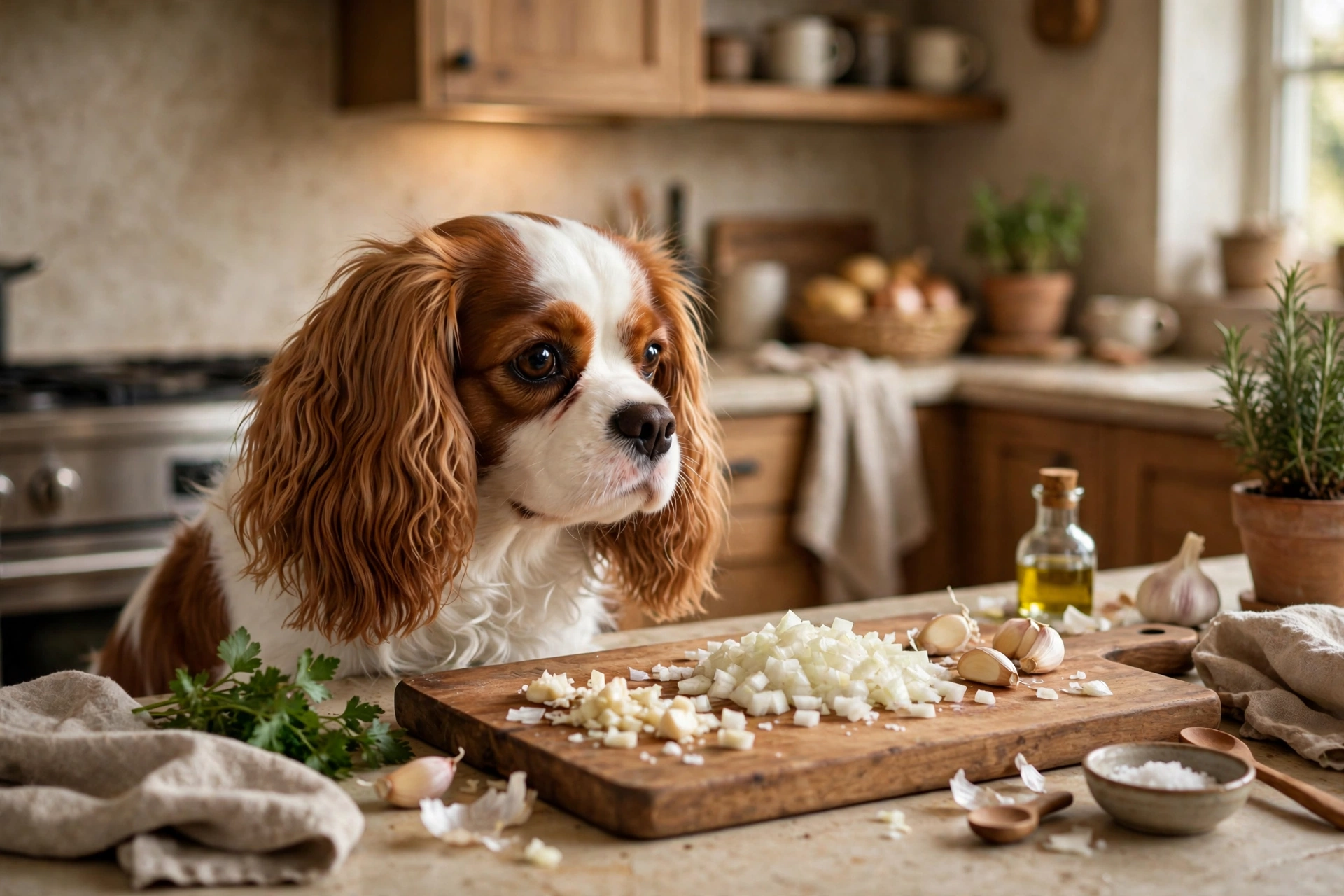 Cavalier King Charles Spaniel near chopped onions in a kitchen