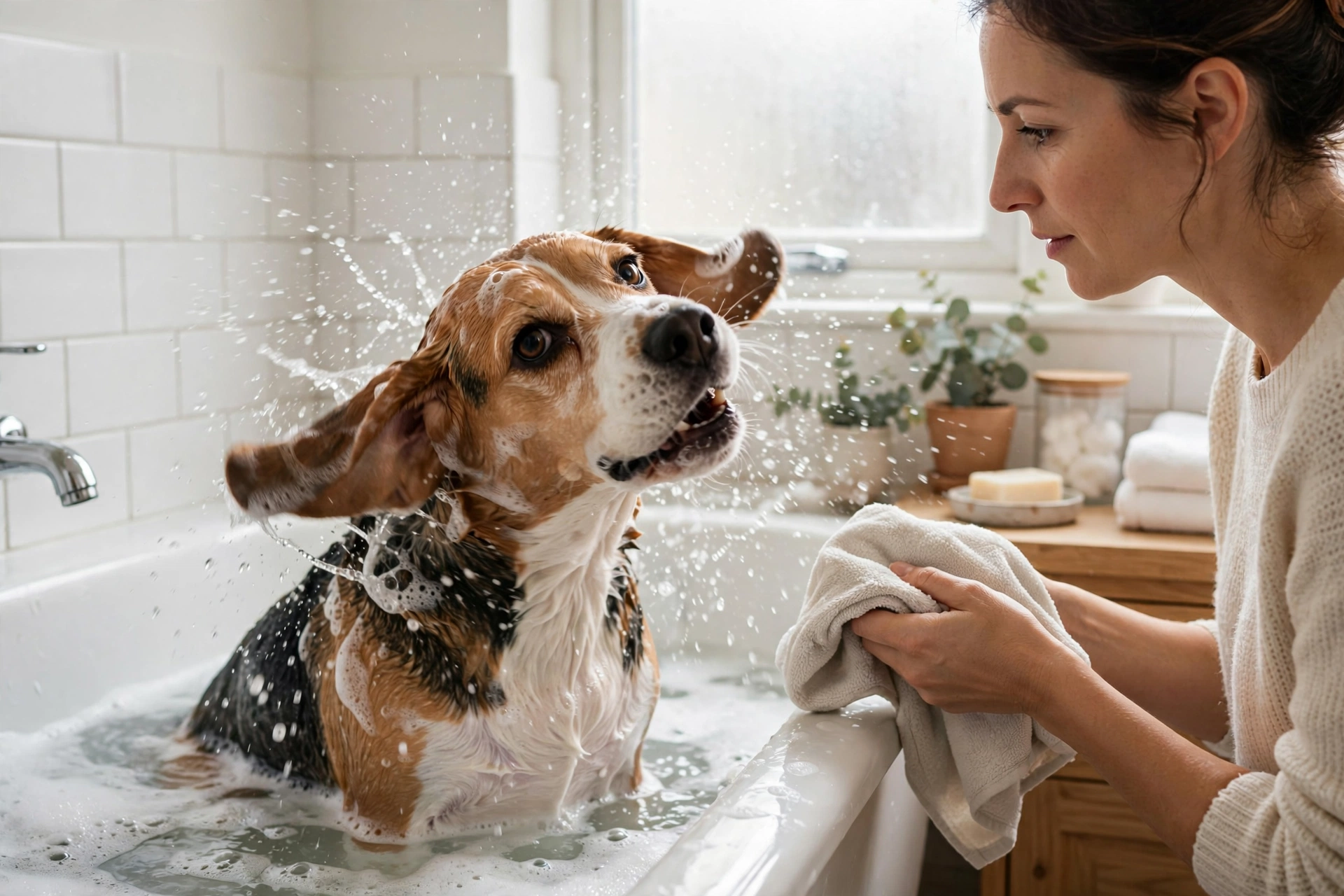 Beagle shaking water from its ears during a bath while owner holds a soft cloth