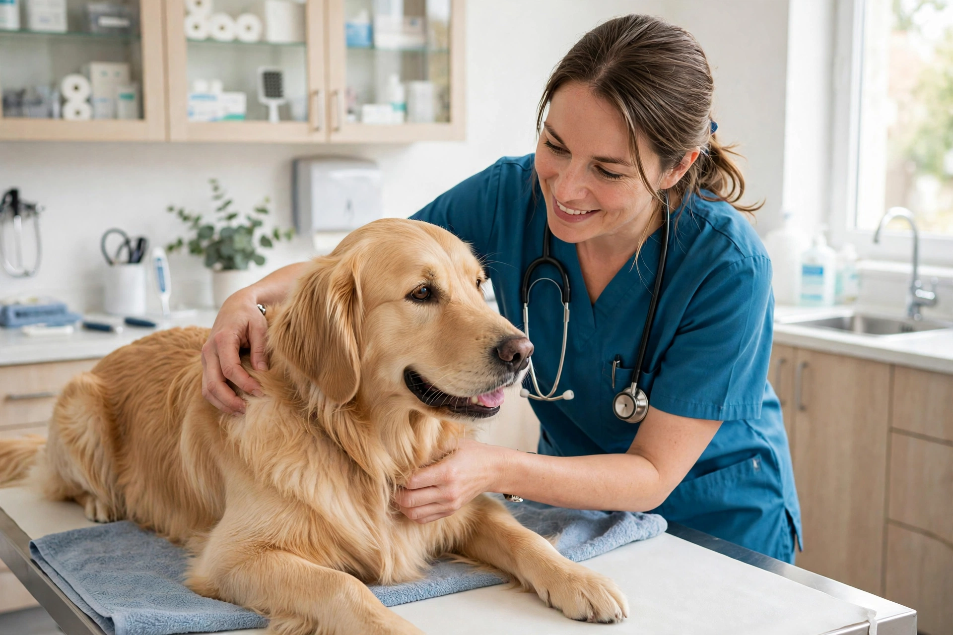 Veterinarian examining a dog's skin and coat at a vet clinic