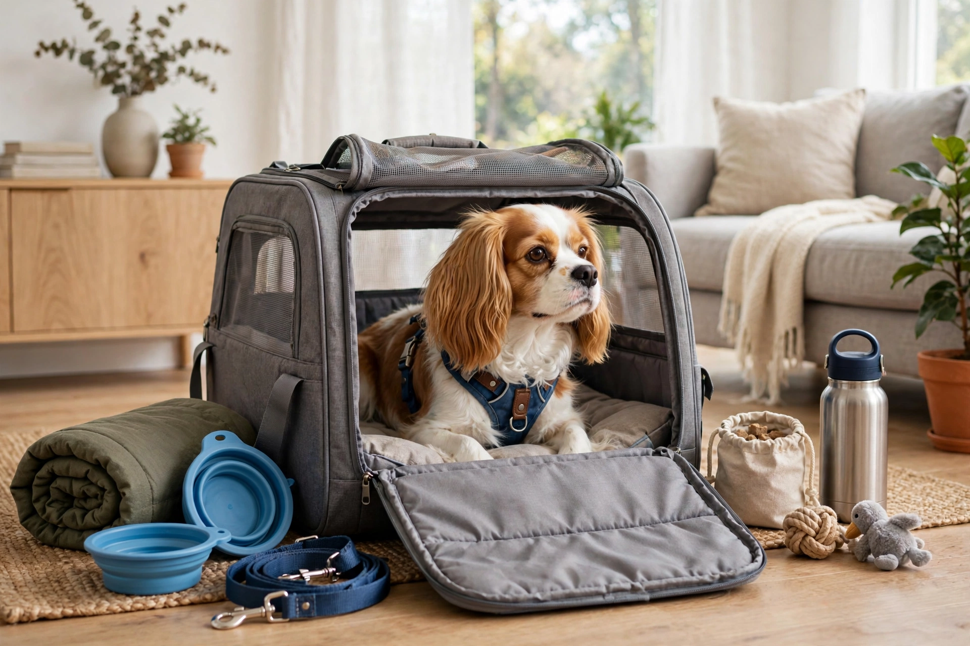 Small dog sitting in an open soft-sided airline-approved pet carrier