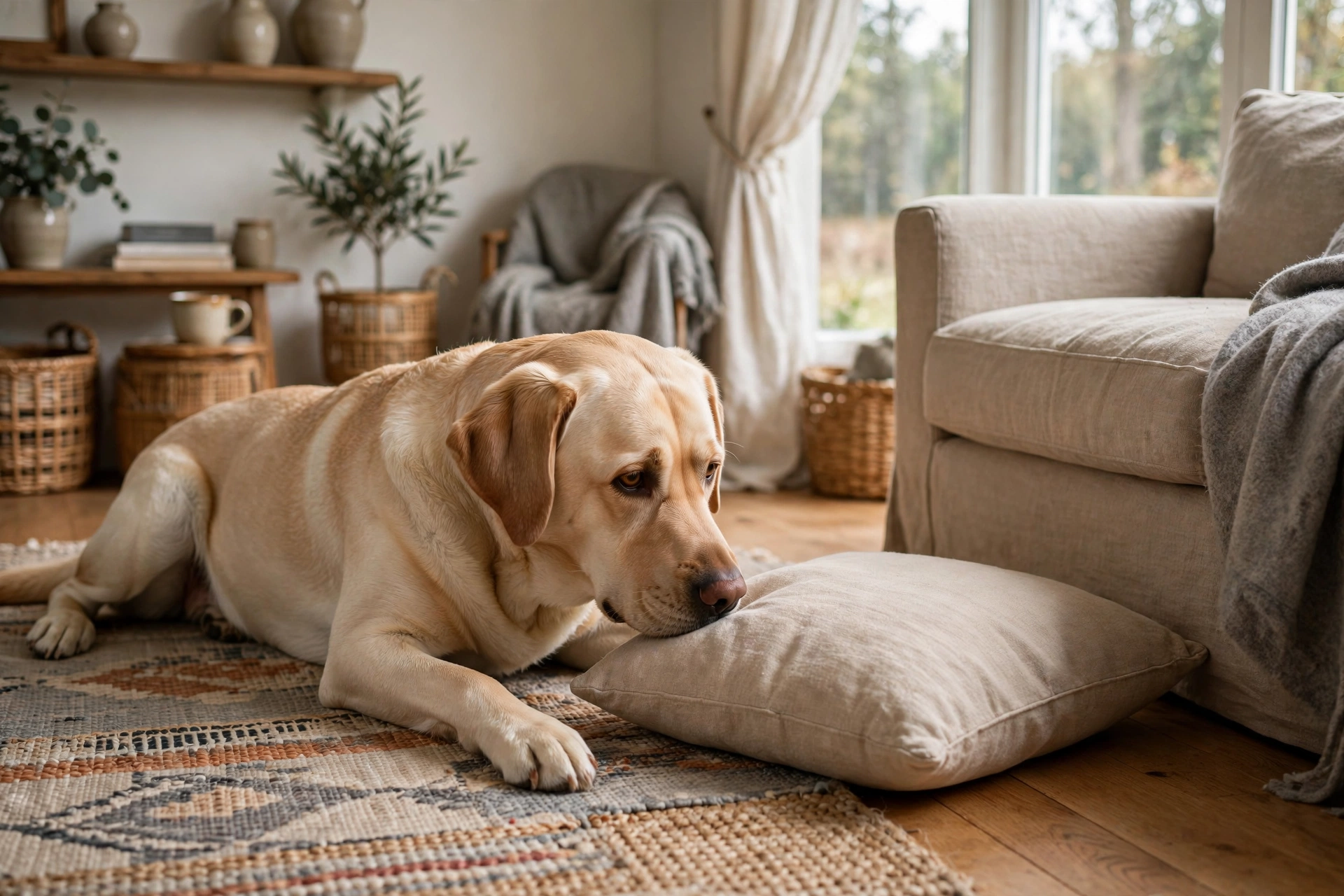 Labrador lying on a living room rug sniffing a couch cushion
