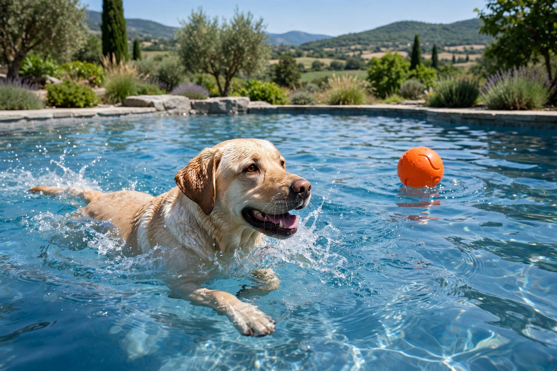 Labrador retriever swimming toward a bright floating rubber fetch ball in a pool