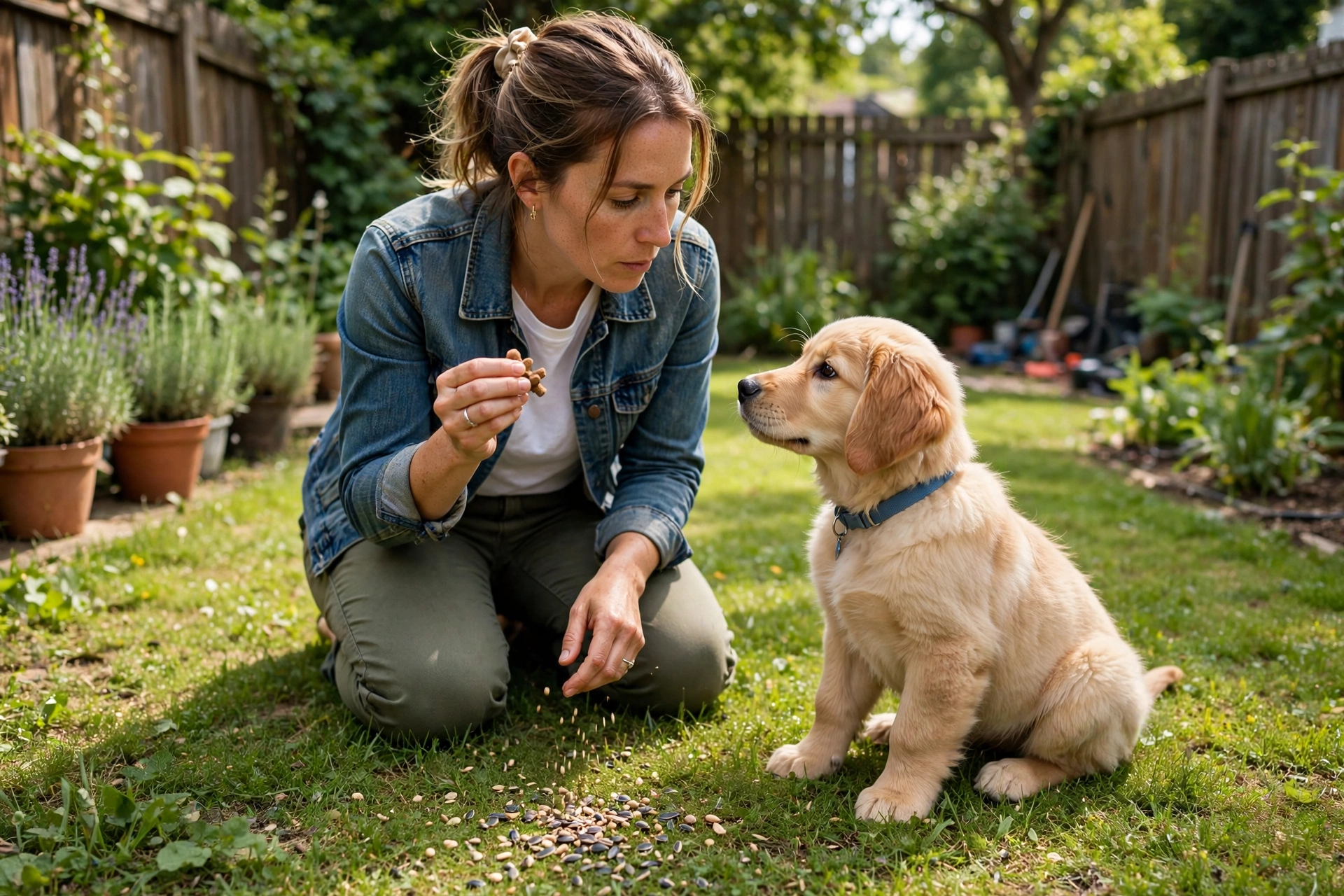 Woman training a puppy with leave it command in the backyard