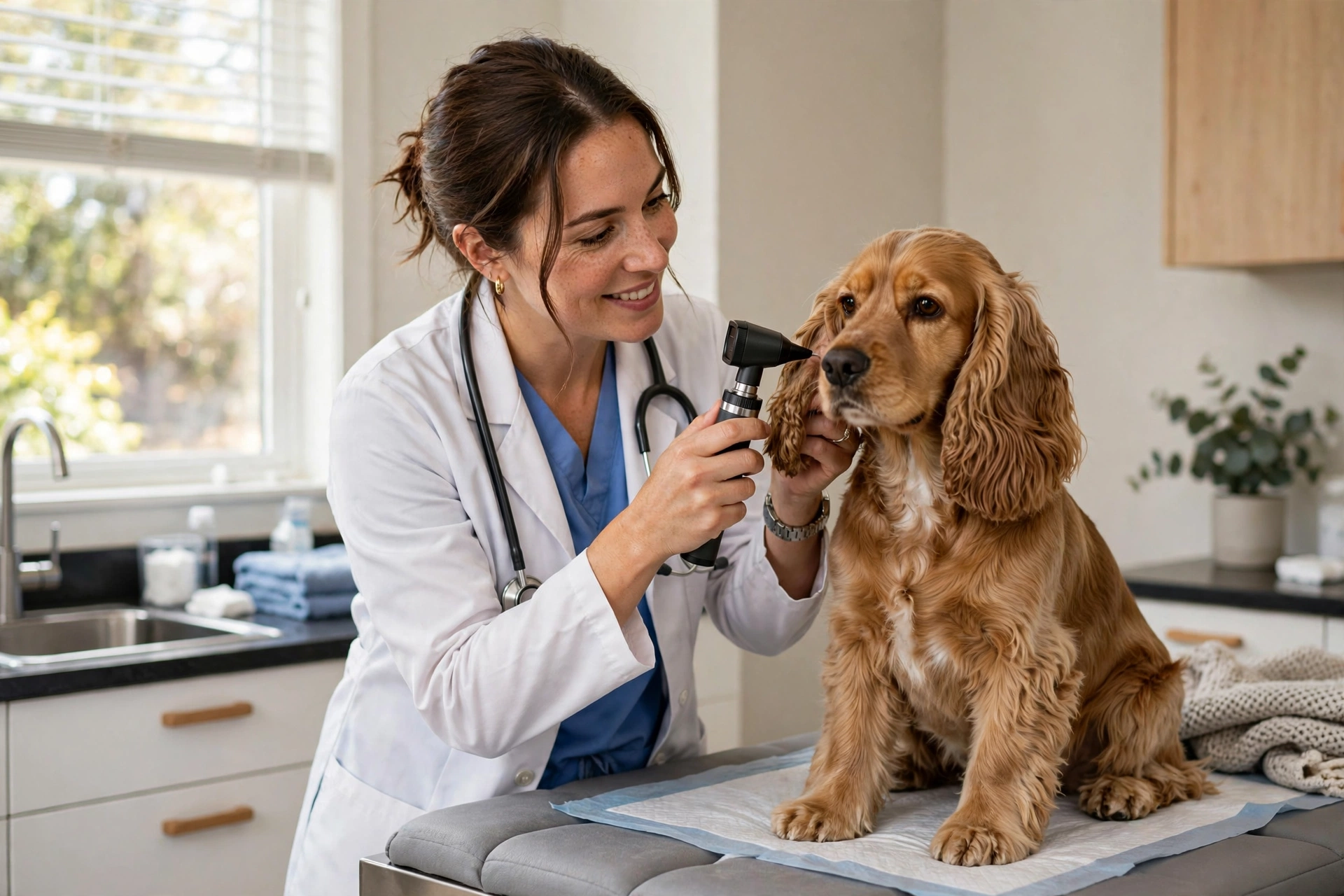 Veterinarian examining a cocker spaniel's ear with an otoscope