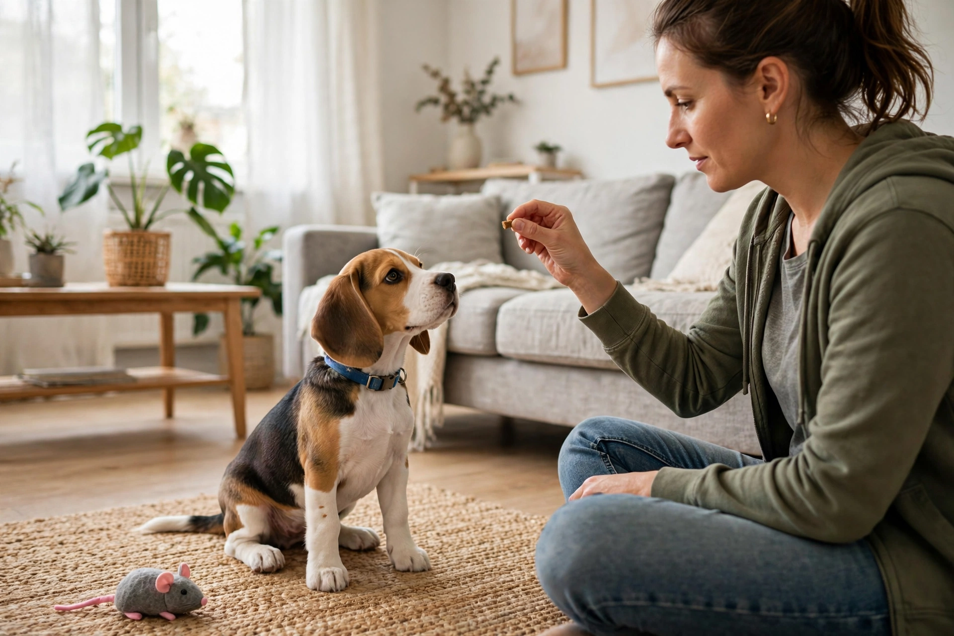 Owner training a beagle puppy to leave a cat toy mouse alone