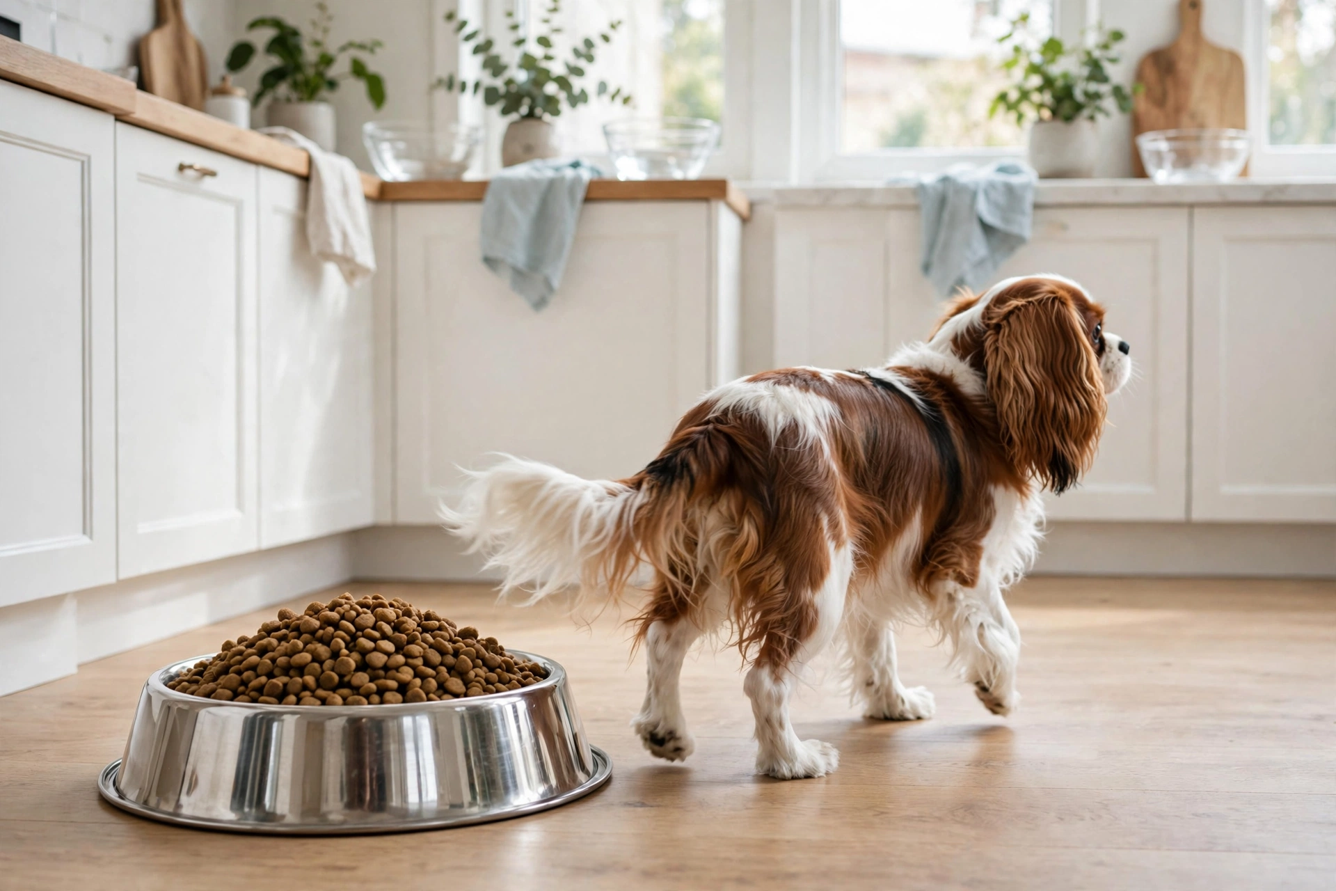 Cavalier King Charles Spaniel walking away from a full food bowl