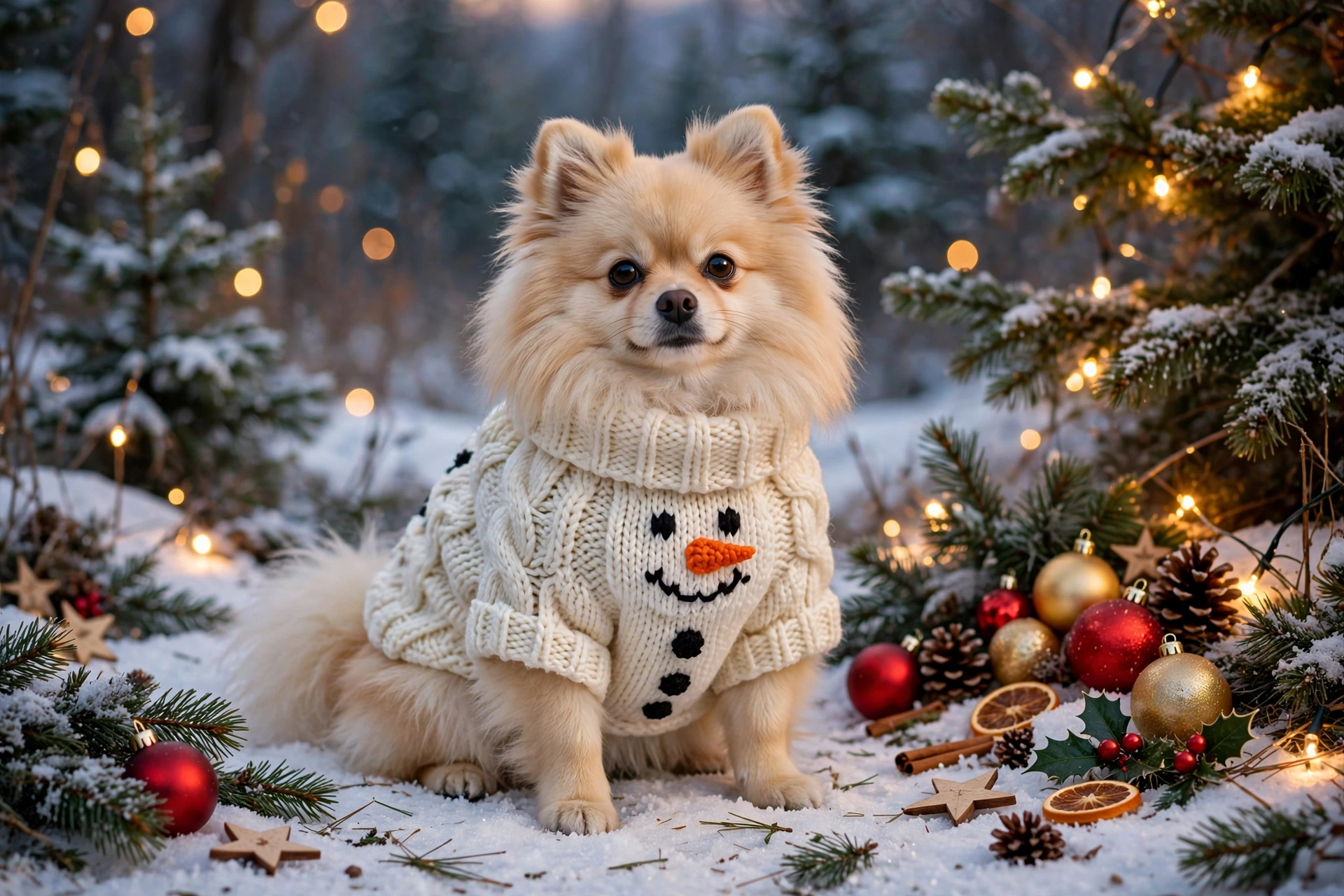 Pomeranian in a thick knitted NACOCO snowman Christmas sweater in snow