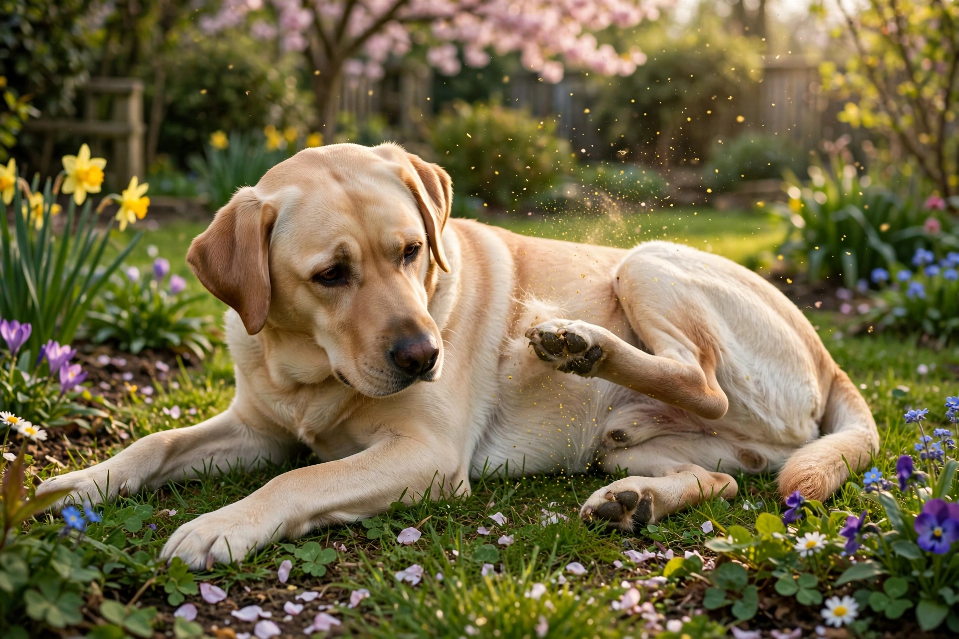 Labrador retriever in a flower garden during allergy season