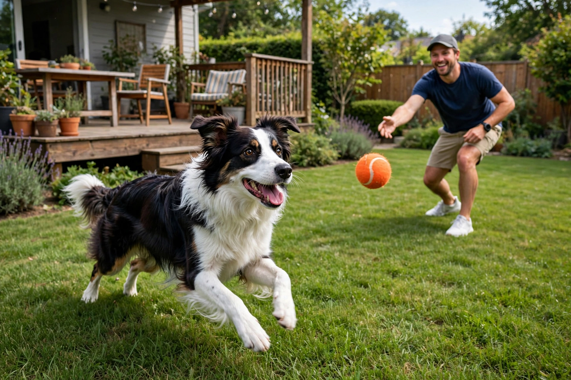 Border collie fetching a ball in a backyard with a wooden deck