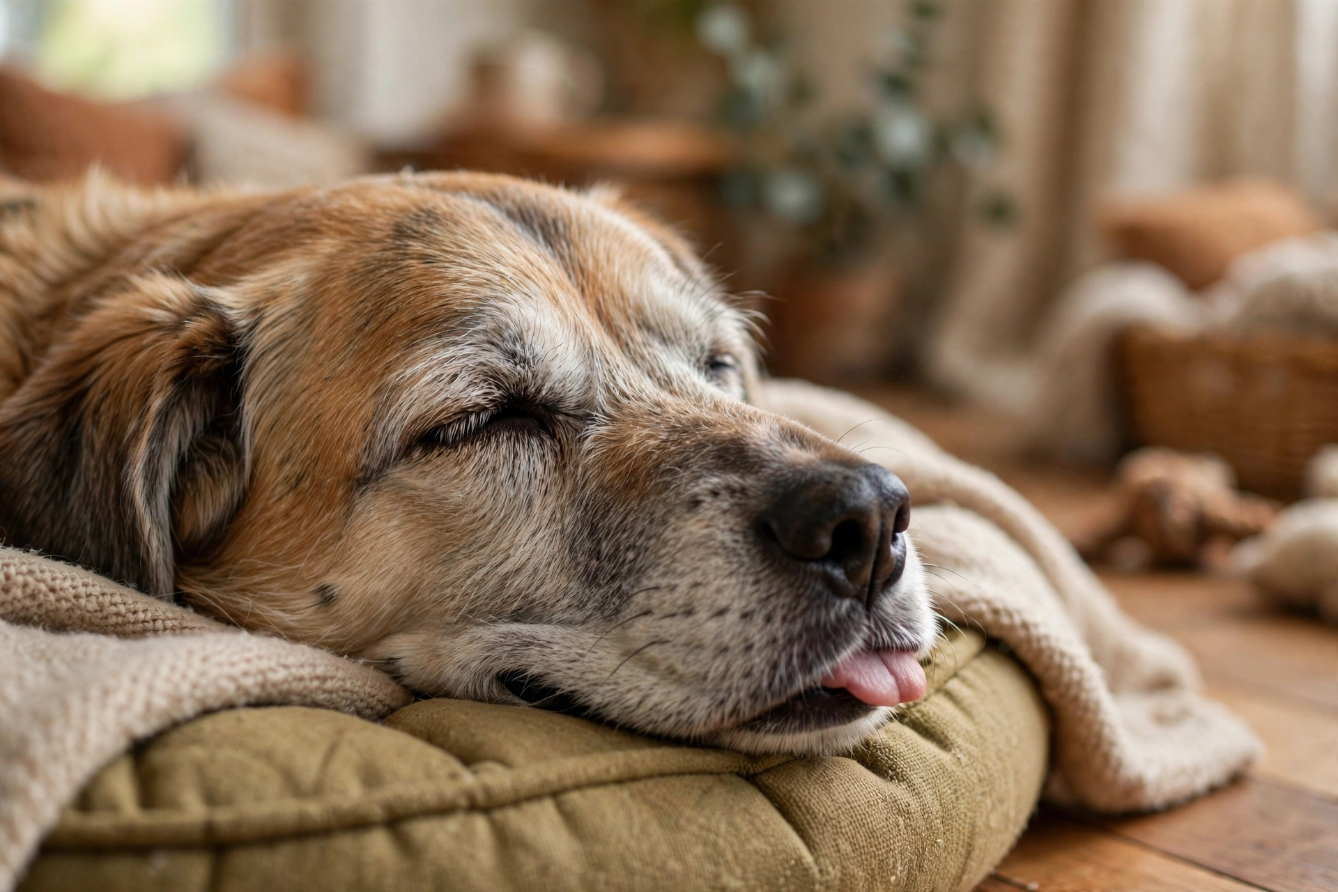 Older dog with gray muzzle sleeping soundly with tongue lolling out slightly
