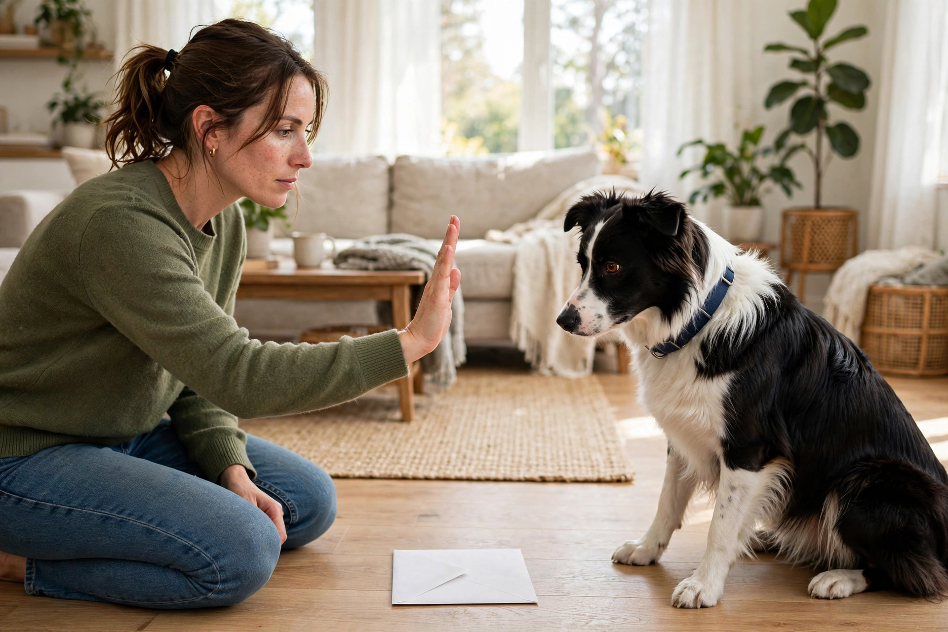Woman training border collie to leave an envelope alone