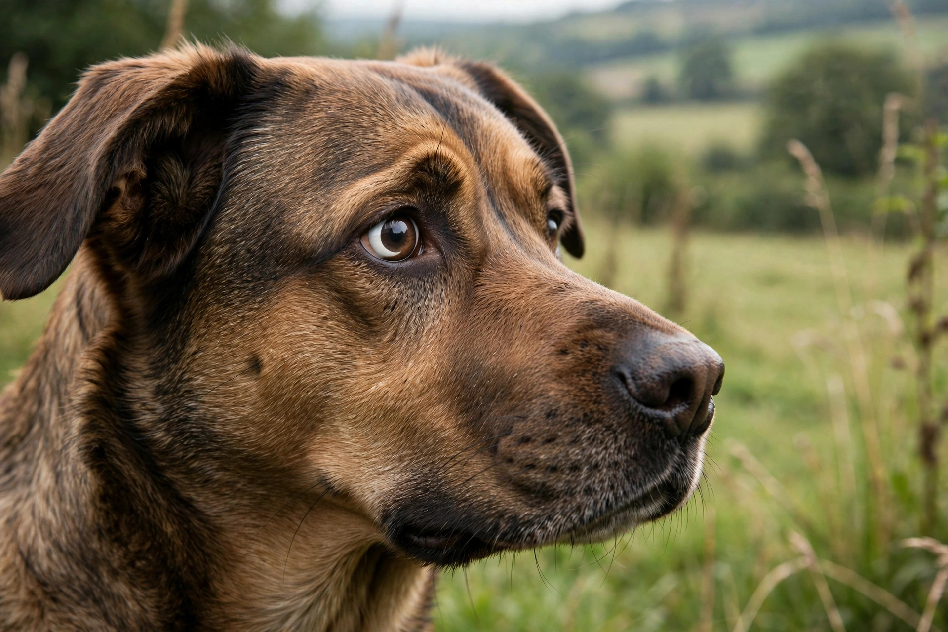 Dog showing whale eye with whites of eyes visible looking worried