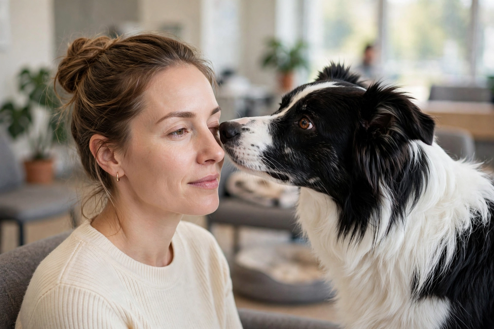 Border collie sniffing owner's eye with vet clinic in background