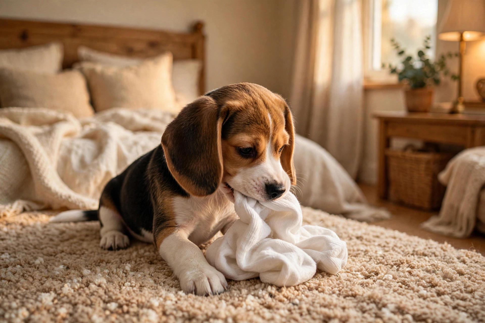 Beagle puppy chewing on a soft sock on a bedroom carpet