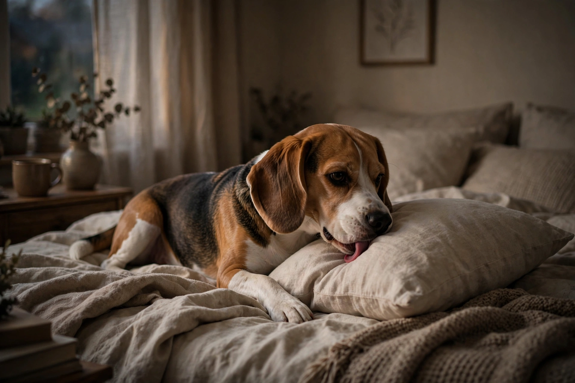 Beagle licking a pillow showing mild anxiety