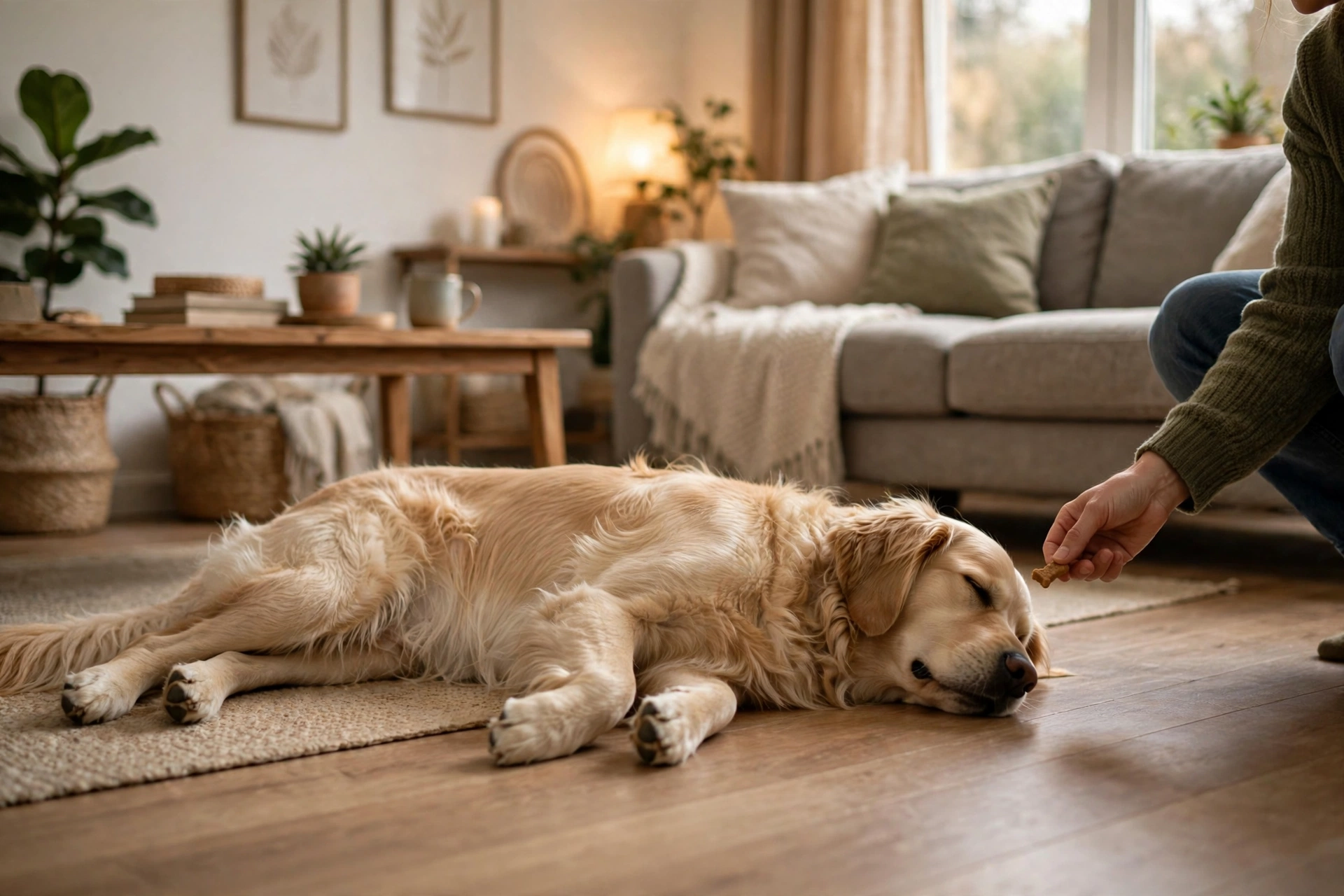 Dog lying flat on side while owner rewards the play dead position
