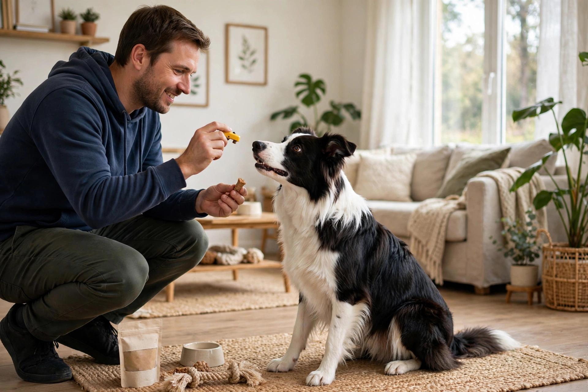 Owner marking a dog's head nod with a clicker during training
