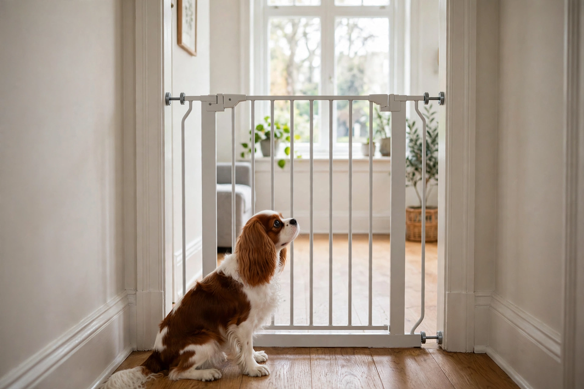 Baby gate blocking a doorway to a room with a window