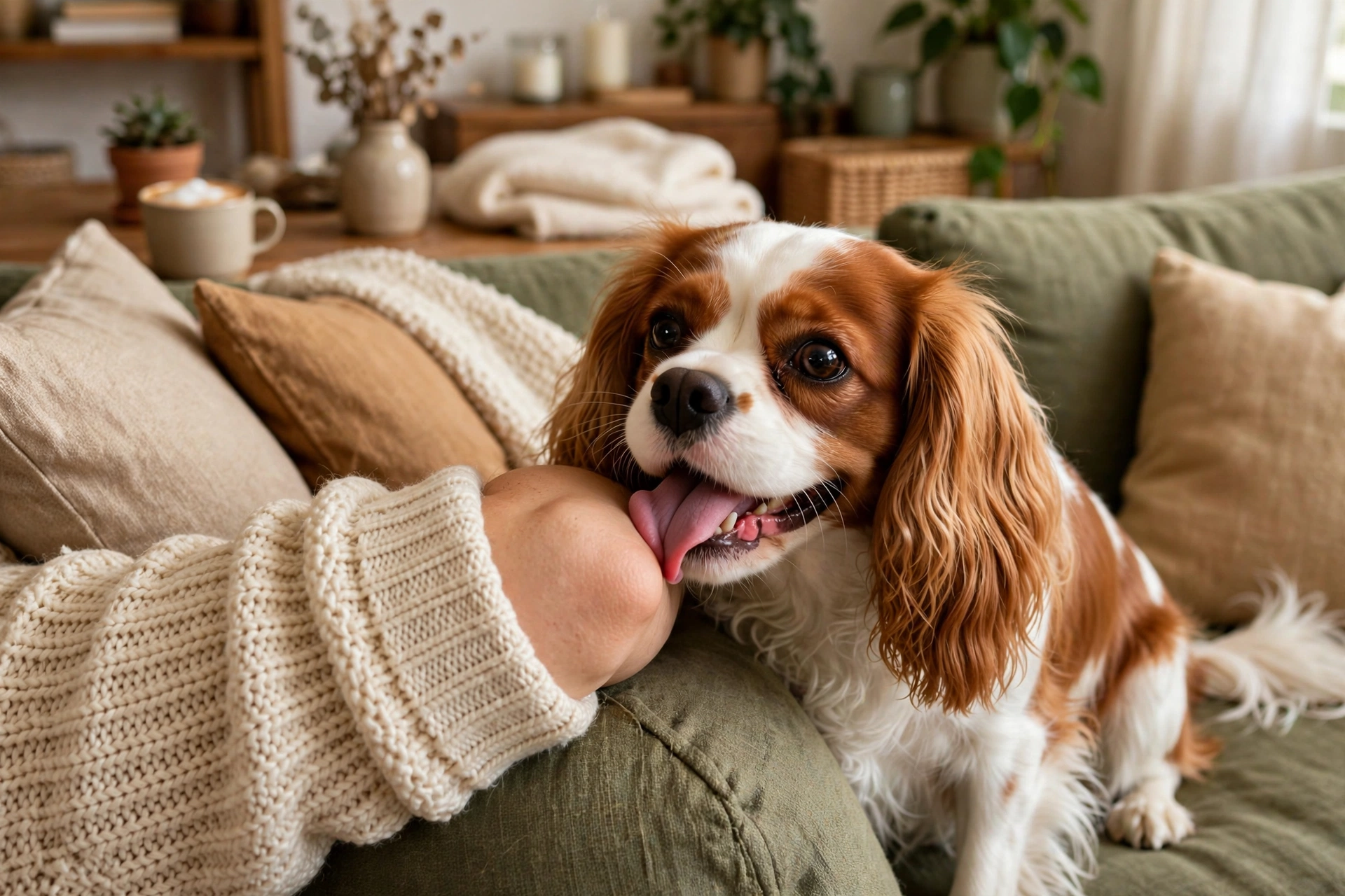 Dog affectionately licking its owner's elbow during a cuddle session