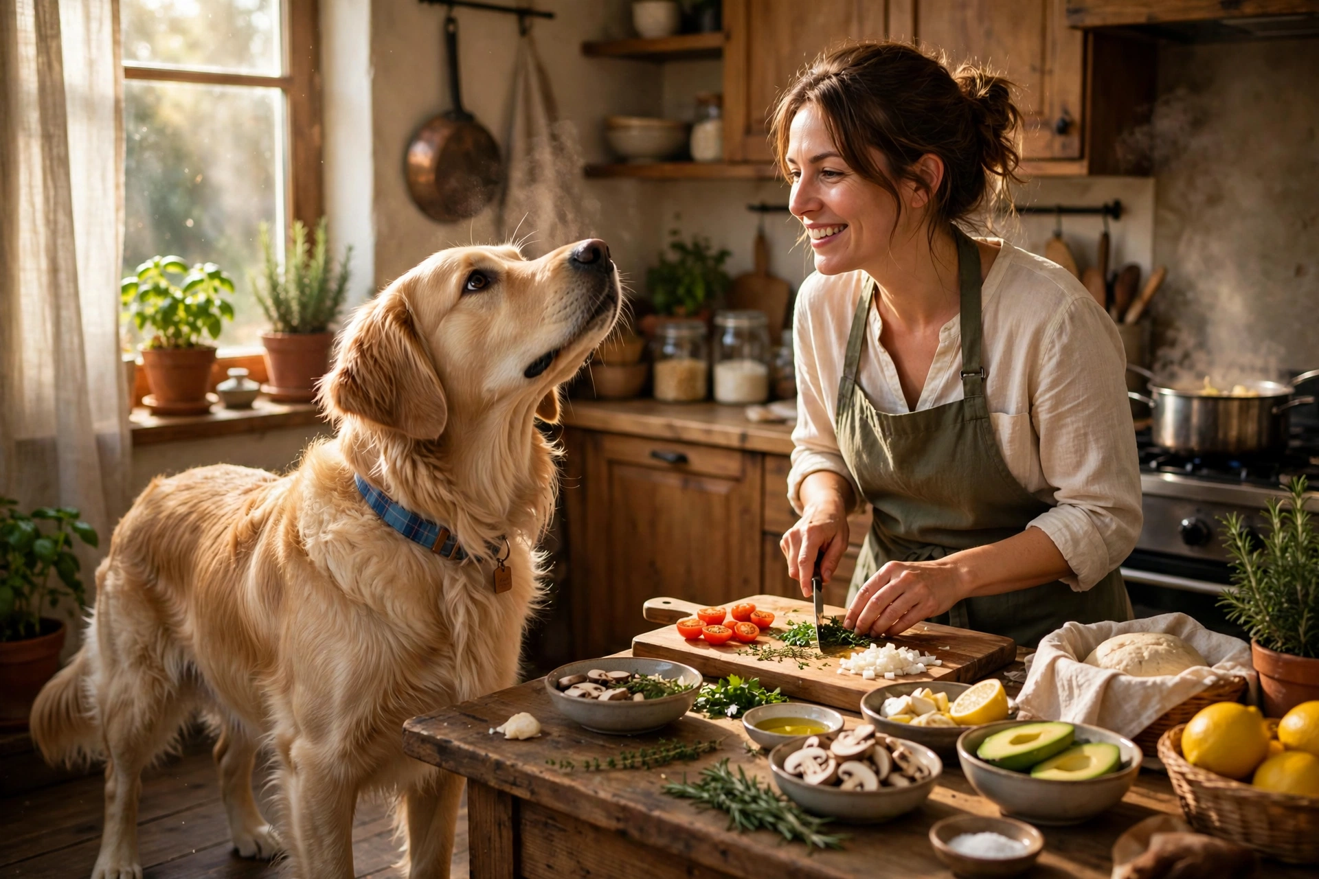 Curious dog sniffing the air near its owner preparing food in a cozy kitchen