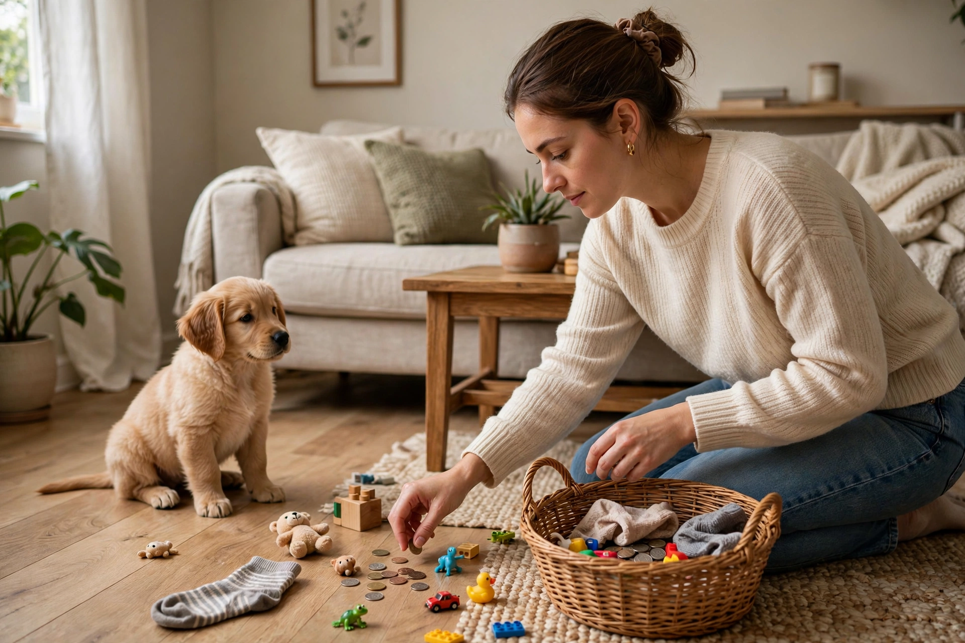 Person picking up small scattered items like socks and toys from a living room floor, puppy watching