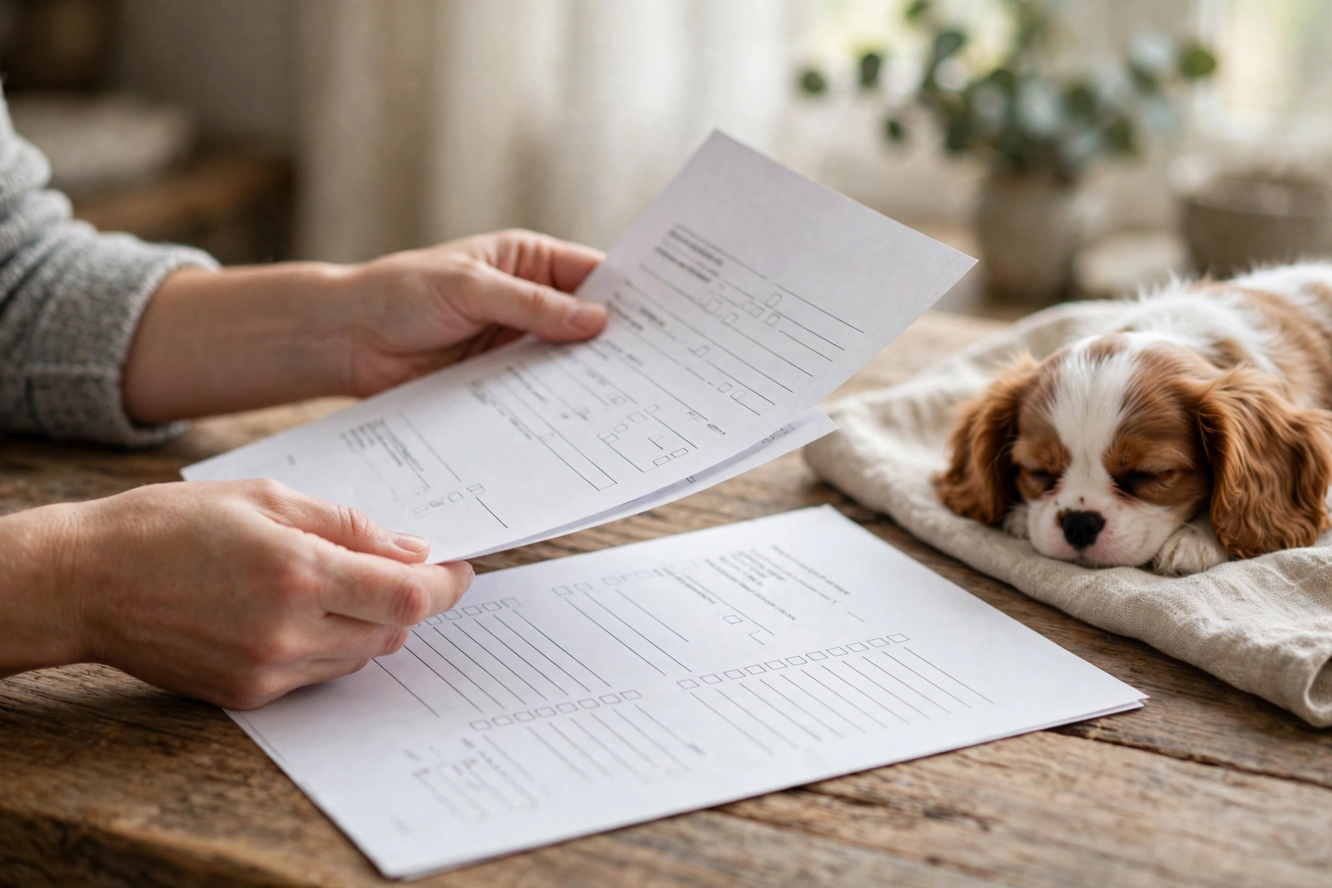 Person reviewing breeder health documents and contracts carefully before buying a puppy