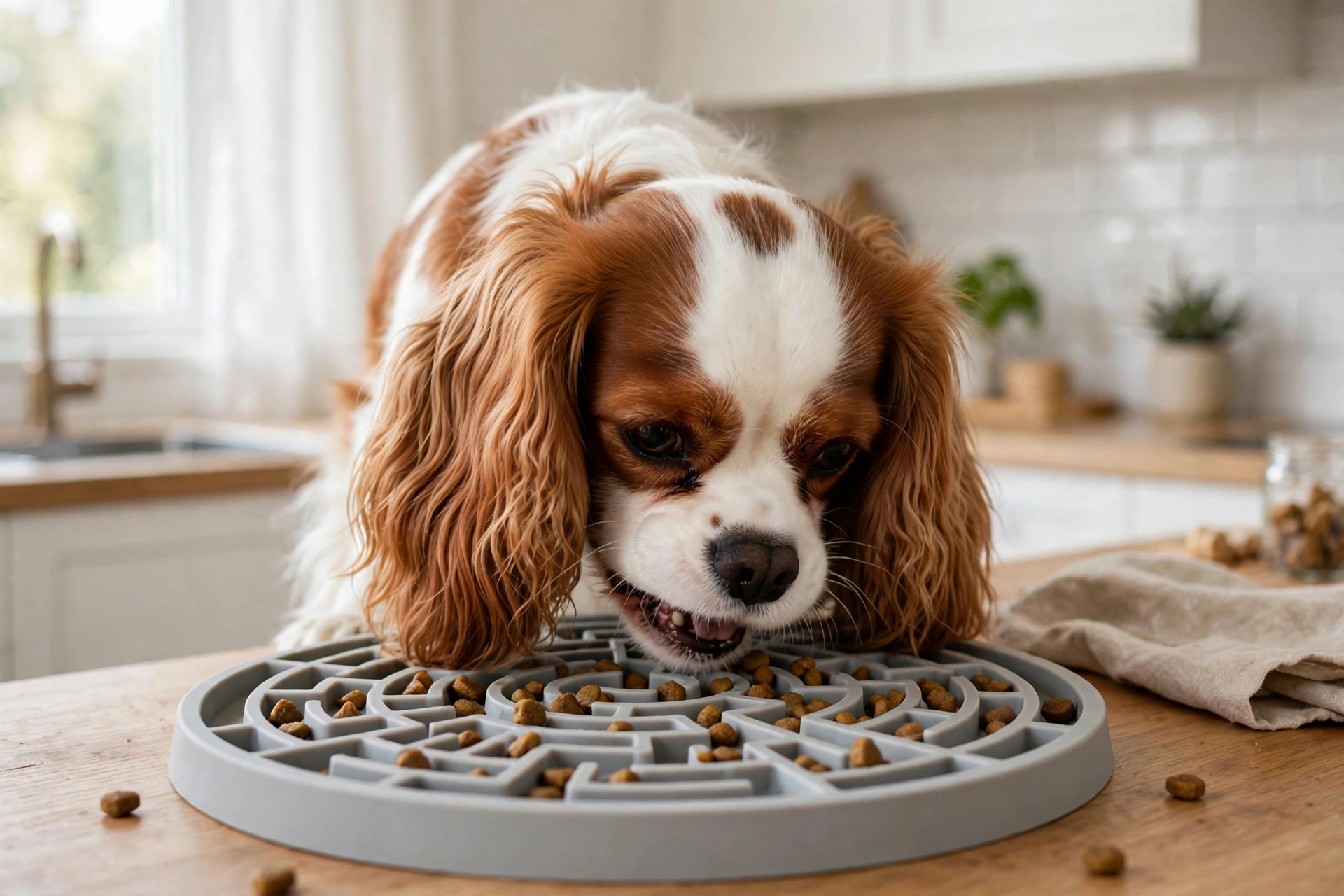Cavalier King Charles Spaniel eating kibble from a maze-pattern slow feeder bowl in a kitchen