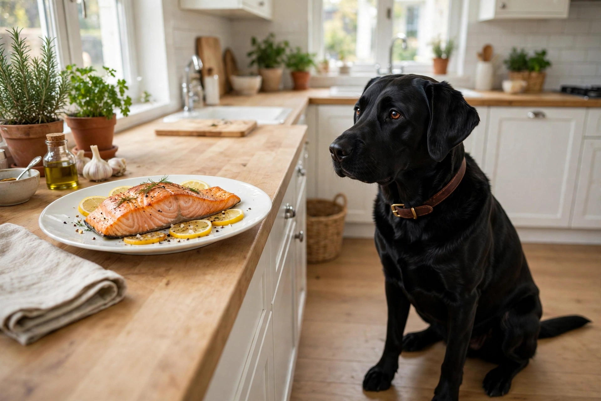 Cooked salmon fillet with a dog waiting for dinner