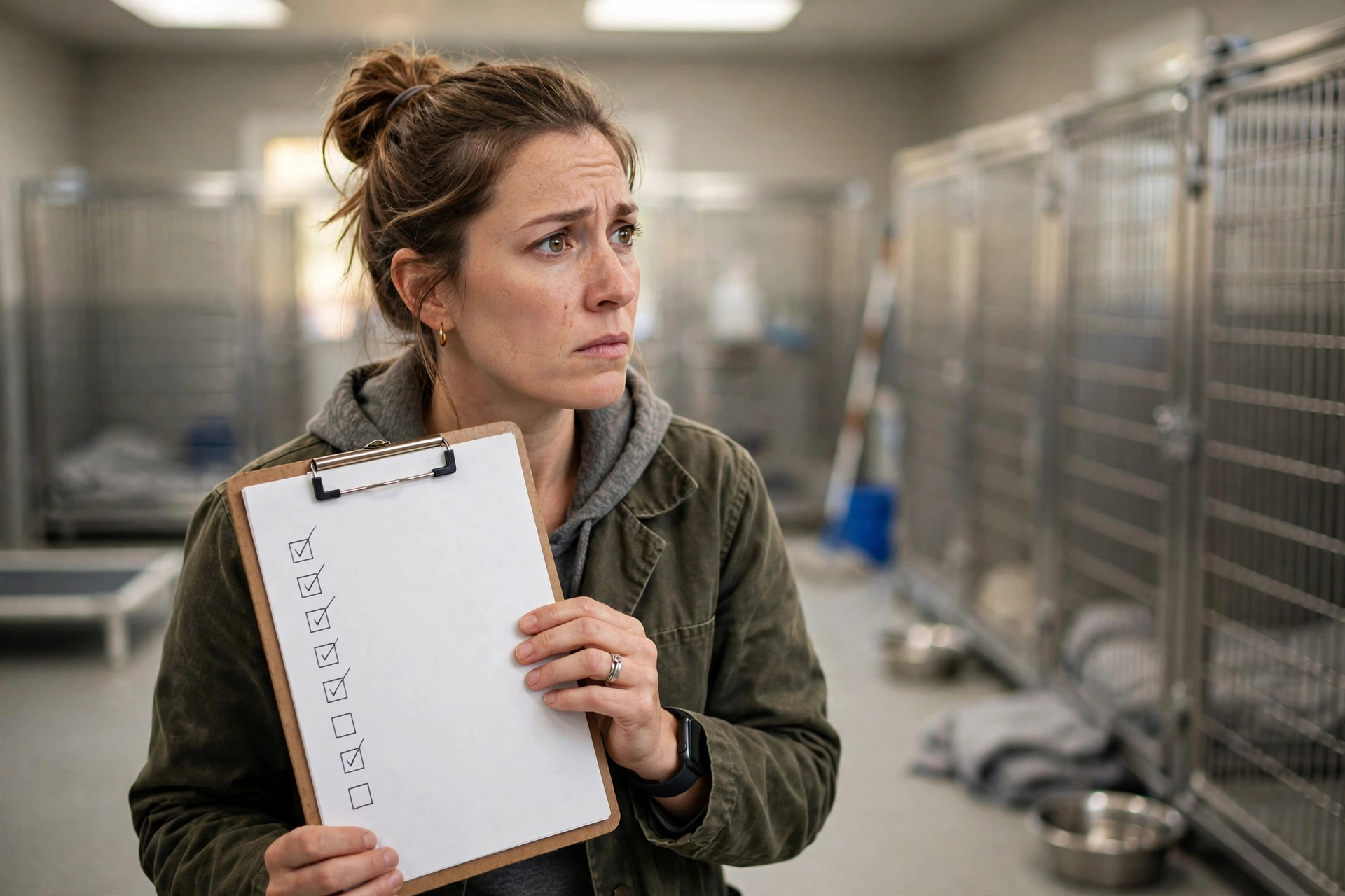 Person reviewing a checklist while inspecting a dog breeding facility for warning signs